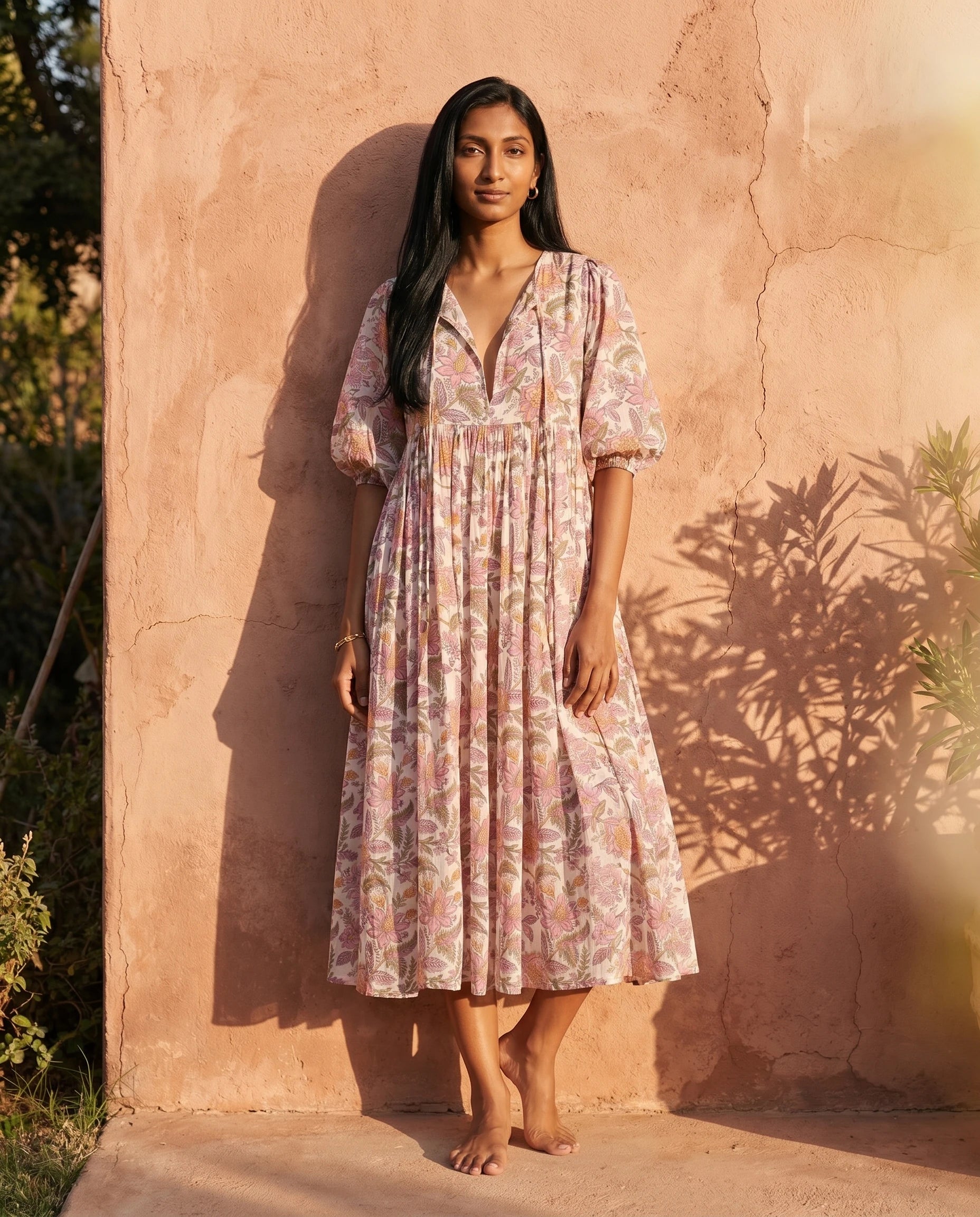 Robe midi fleurie en coton — Jacinthe - Fuchsia