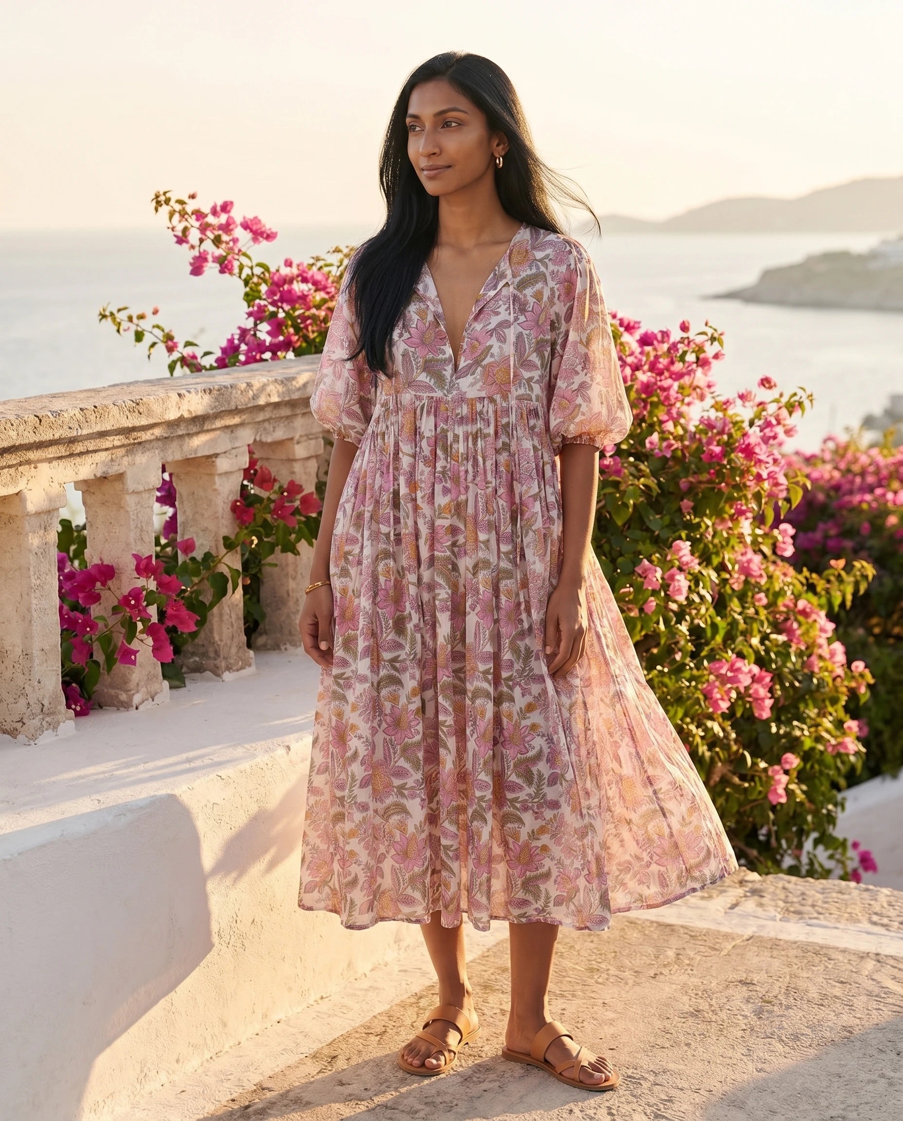Robe midi fleurie en coton — Jacinthe - Fuchsia