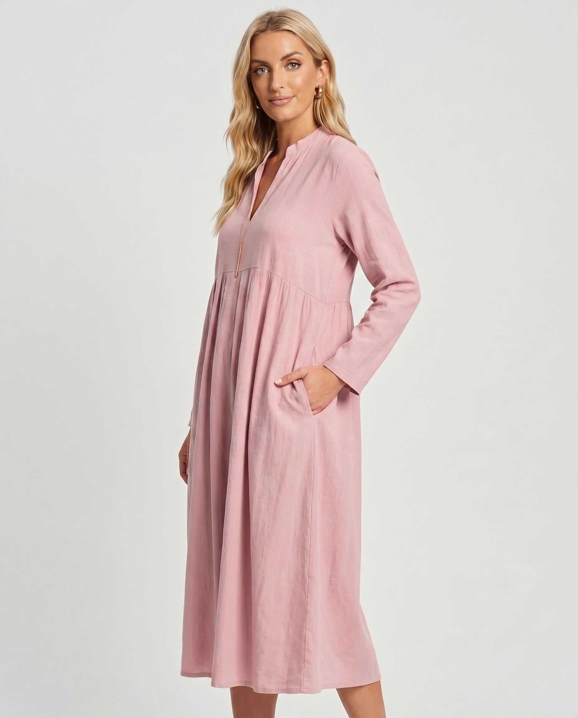 Robe midi bohème rose poudré Juliette, trois-quarts