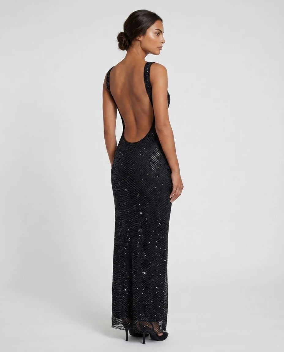 Robe longue sequins dos nu Noire - Photo 3 | Zolena
