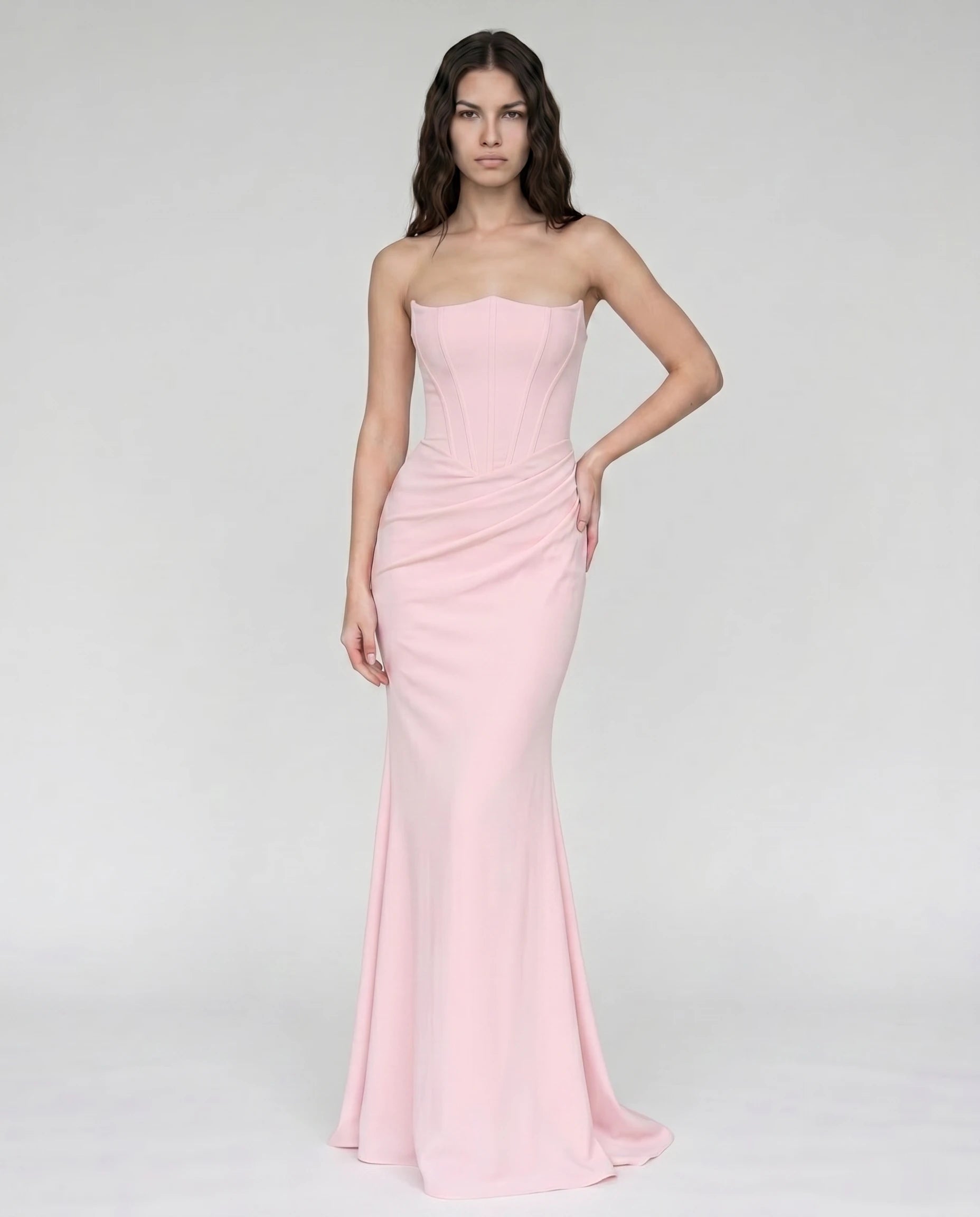 Robe longue corset drapée rose, vue de face