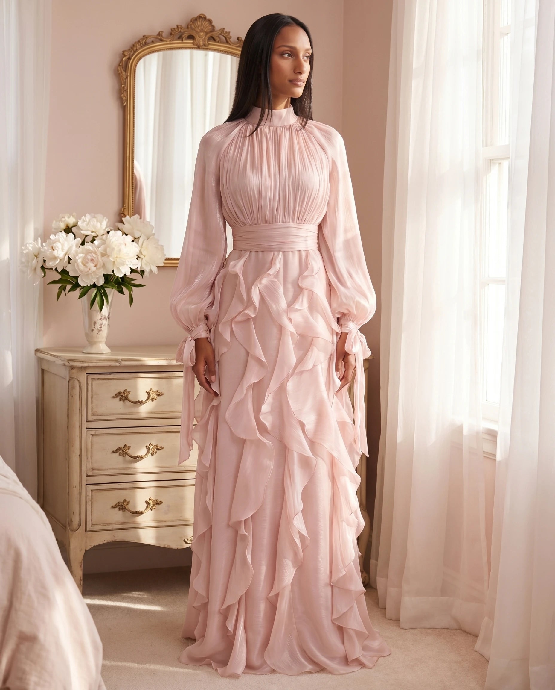 Robe de soiree longue a volants rose poudre boudoir feminin