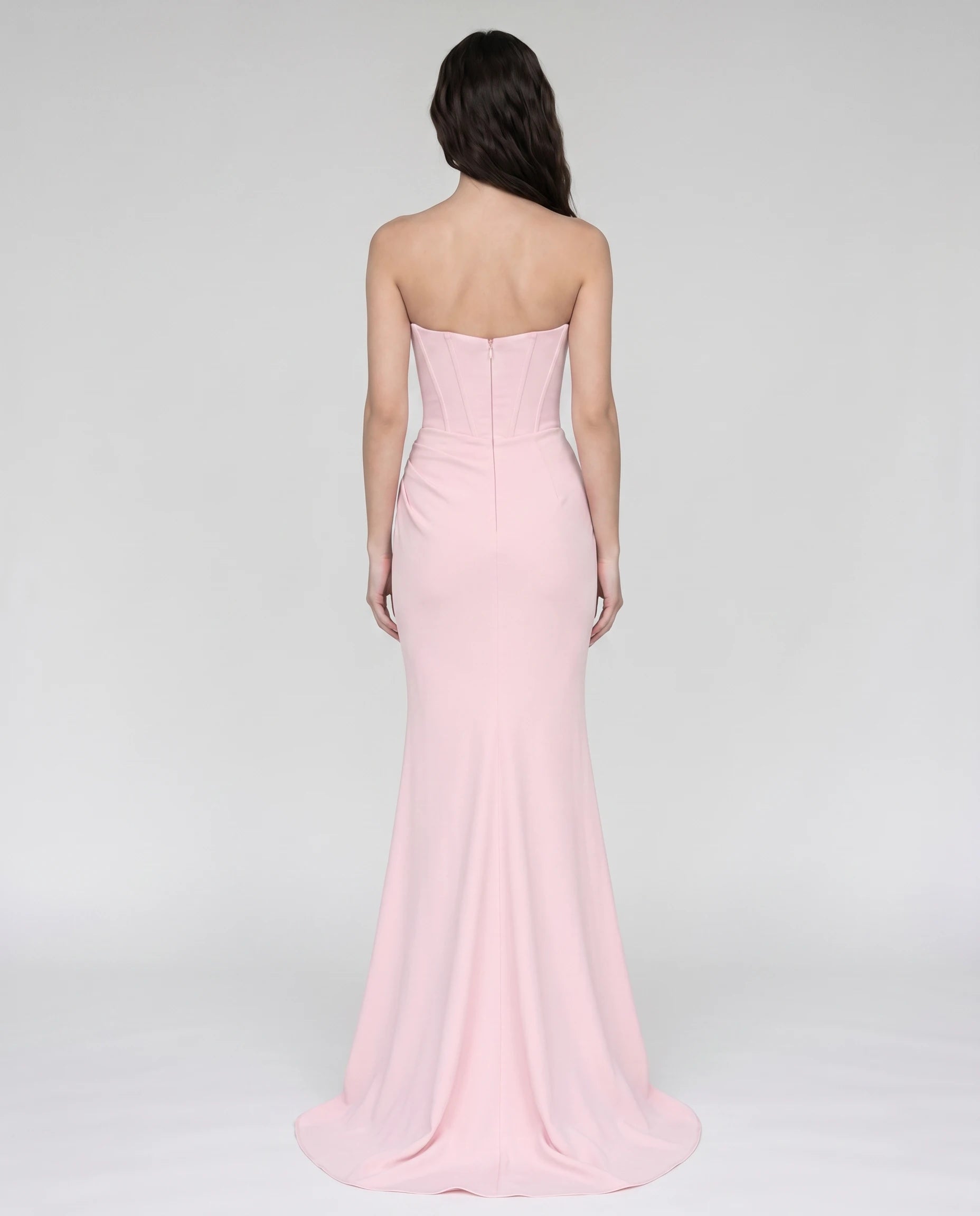 Robe longue corset rose, vue de dos plein pied