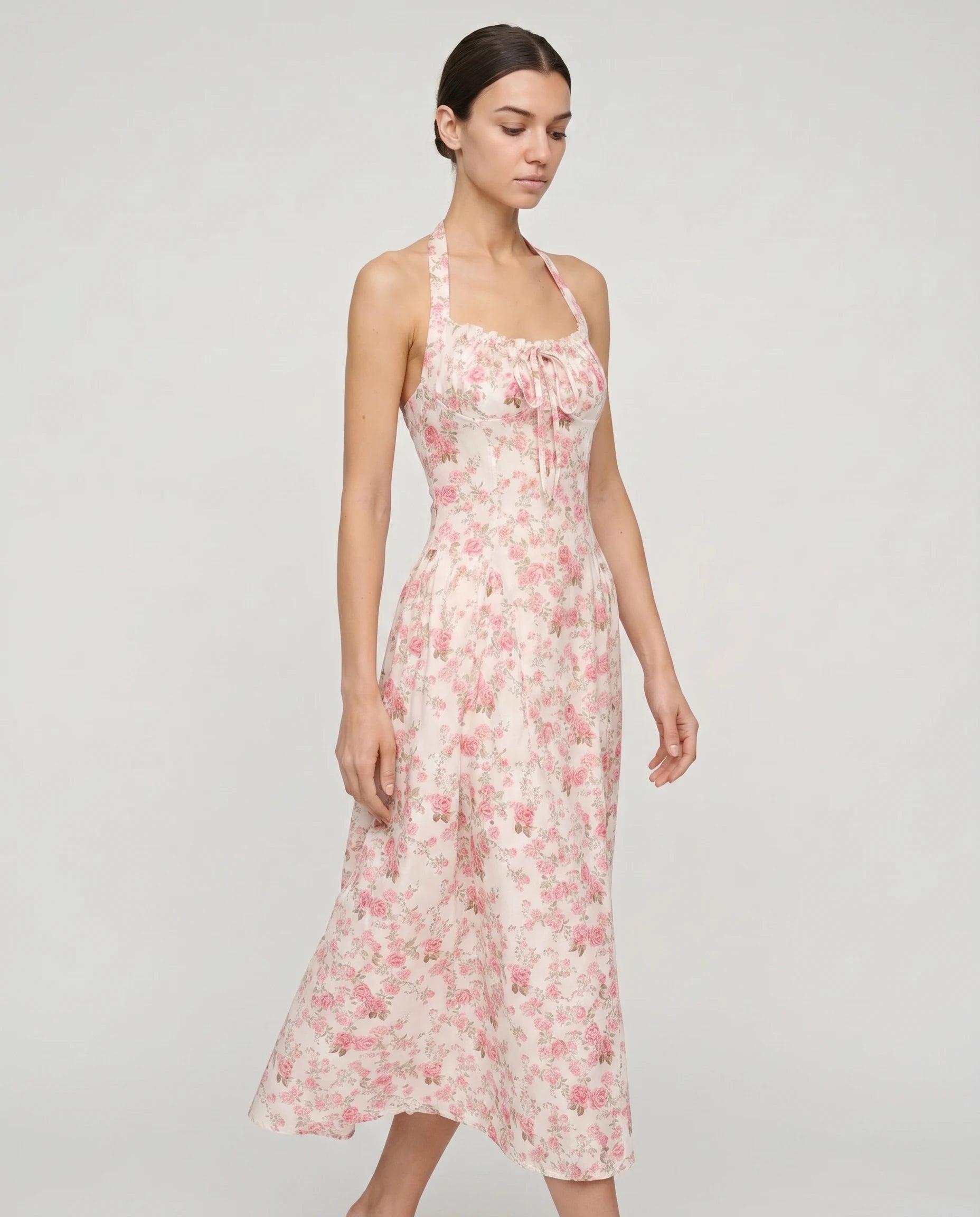 Robe midi rose floral Joséphine — plein pied mouvement