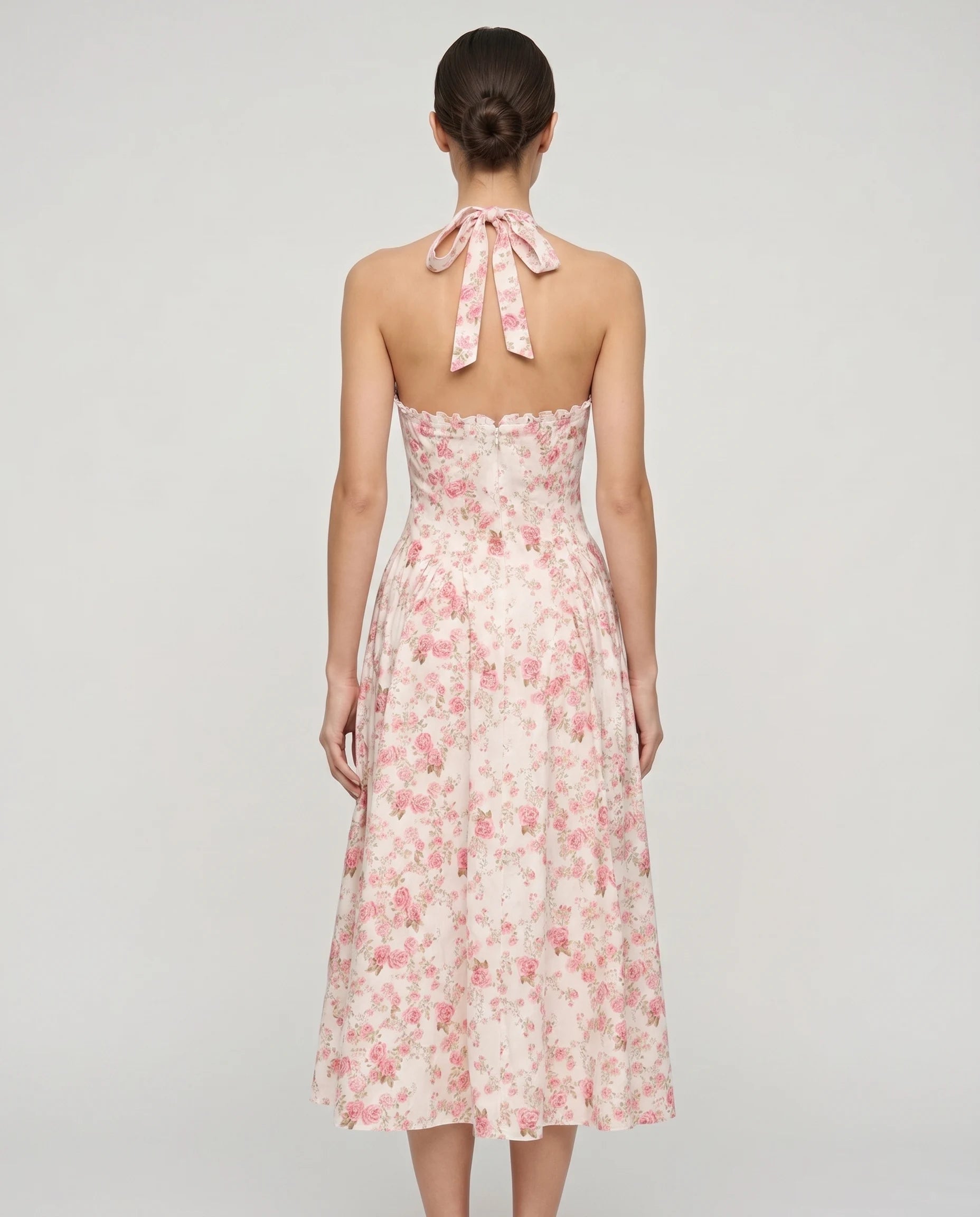 Robe midi rose floral Joséphine — dos halter avec noeud