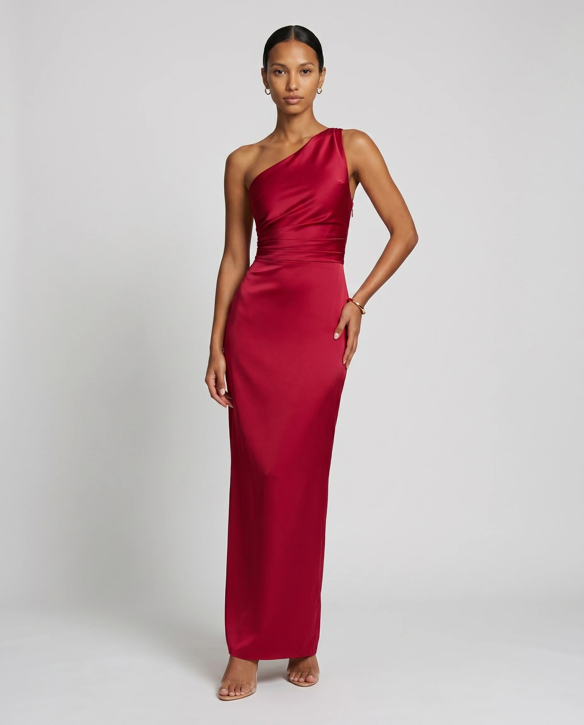 Robe longue en satin une epaule - Rouge - Ines