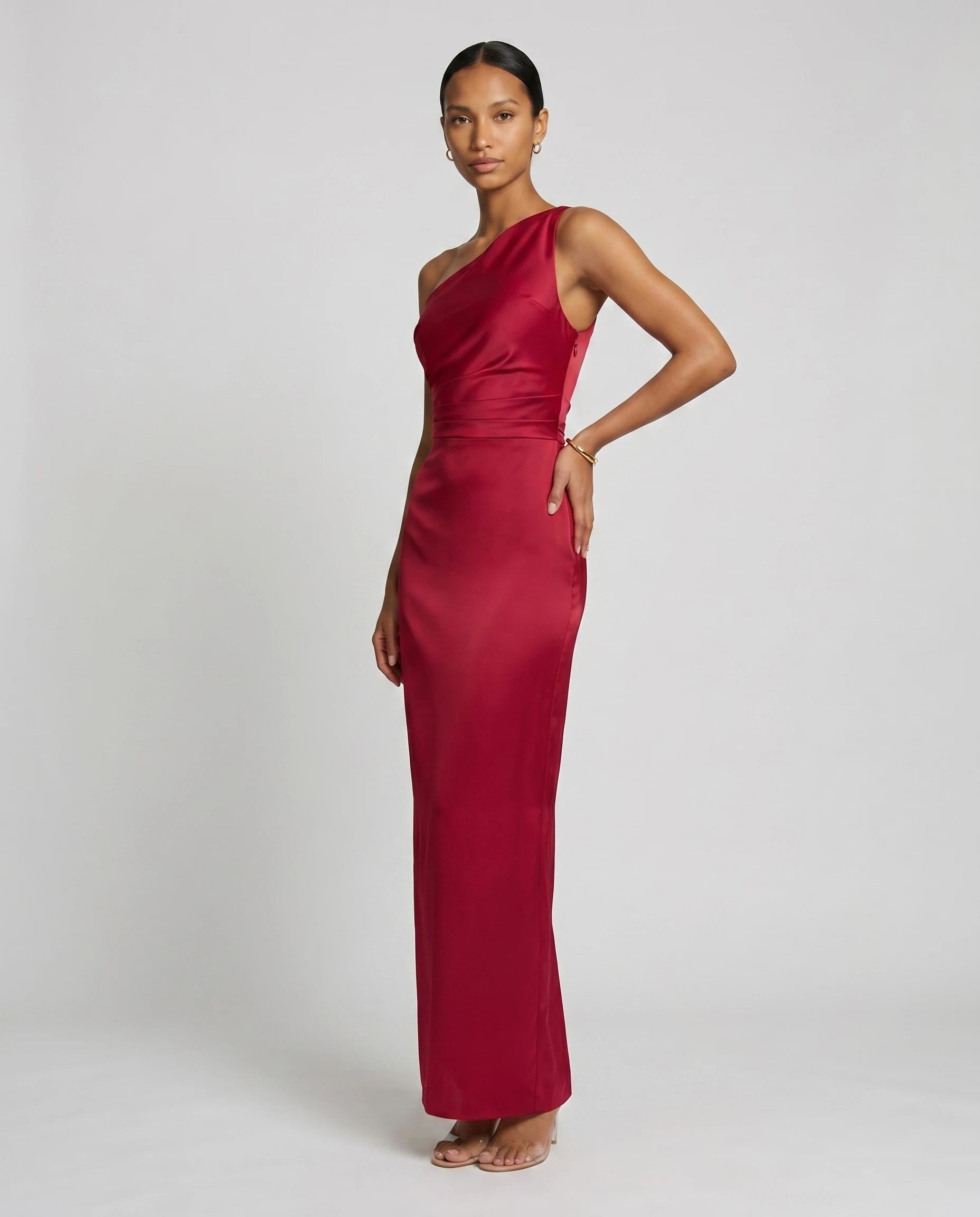 Robe longue en satin une epaule - Rouge - Ines