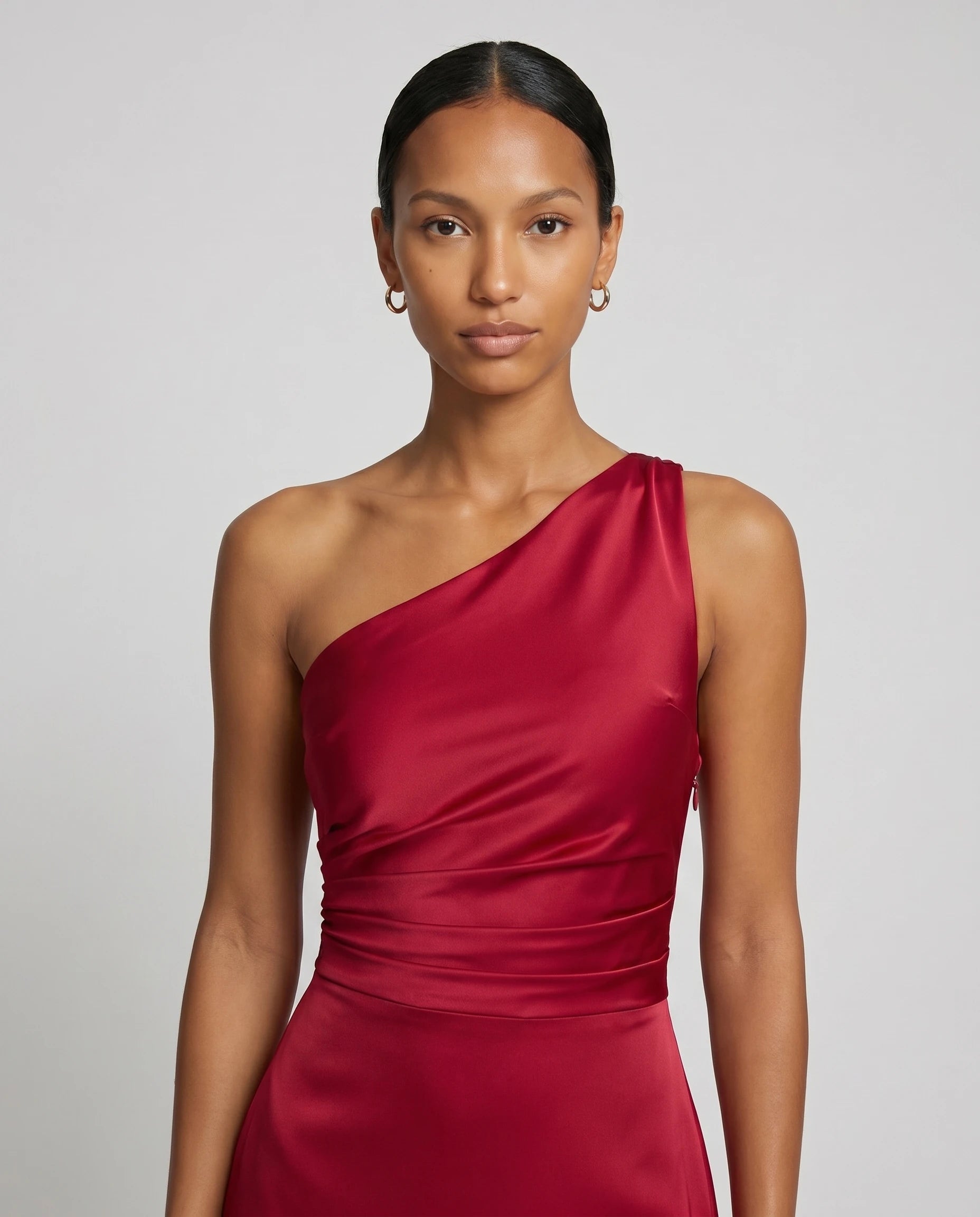 Robe longue en satin une epaule - Rouge - Ines