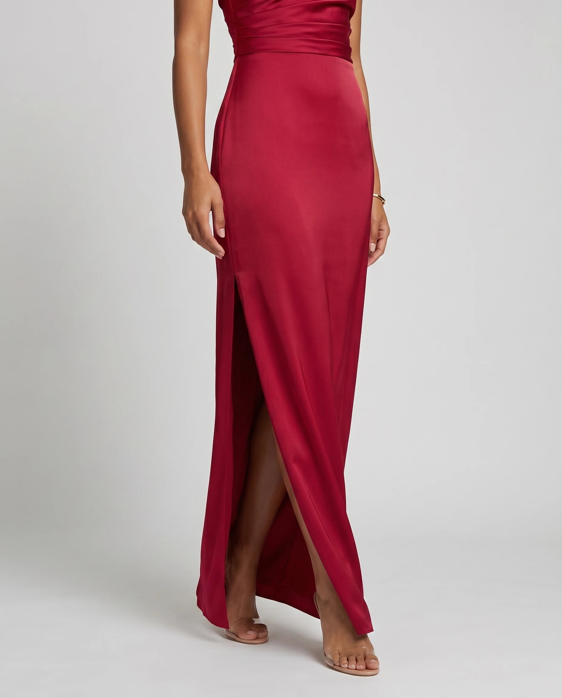 Robe longue en satin une epaule - Rouge - Ines