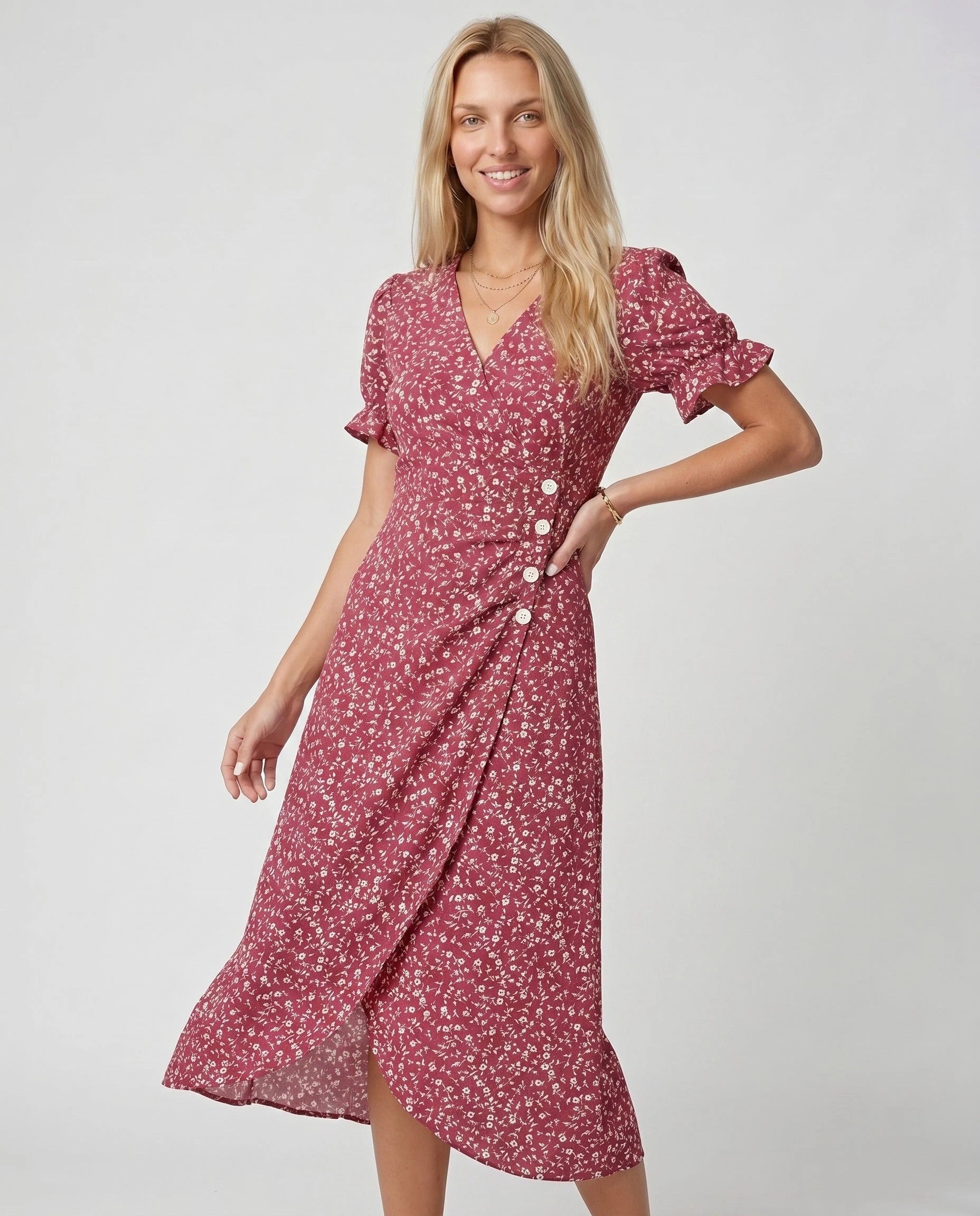 Robe portefeuille fleurie Rouge Framboise Zolena