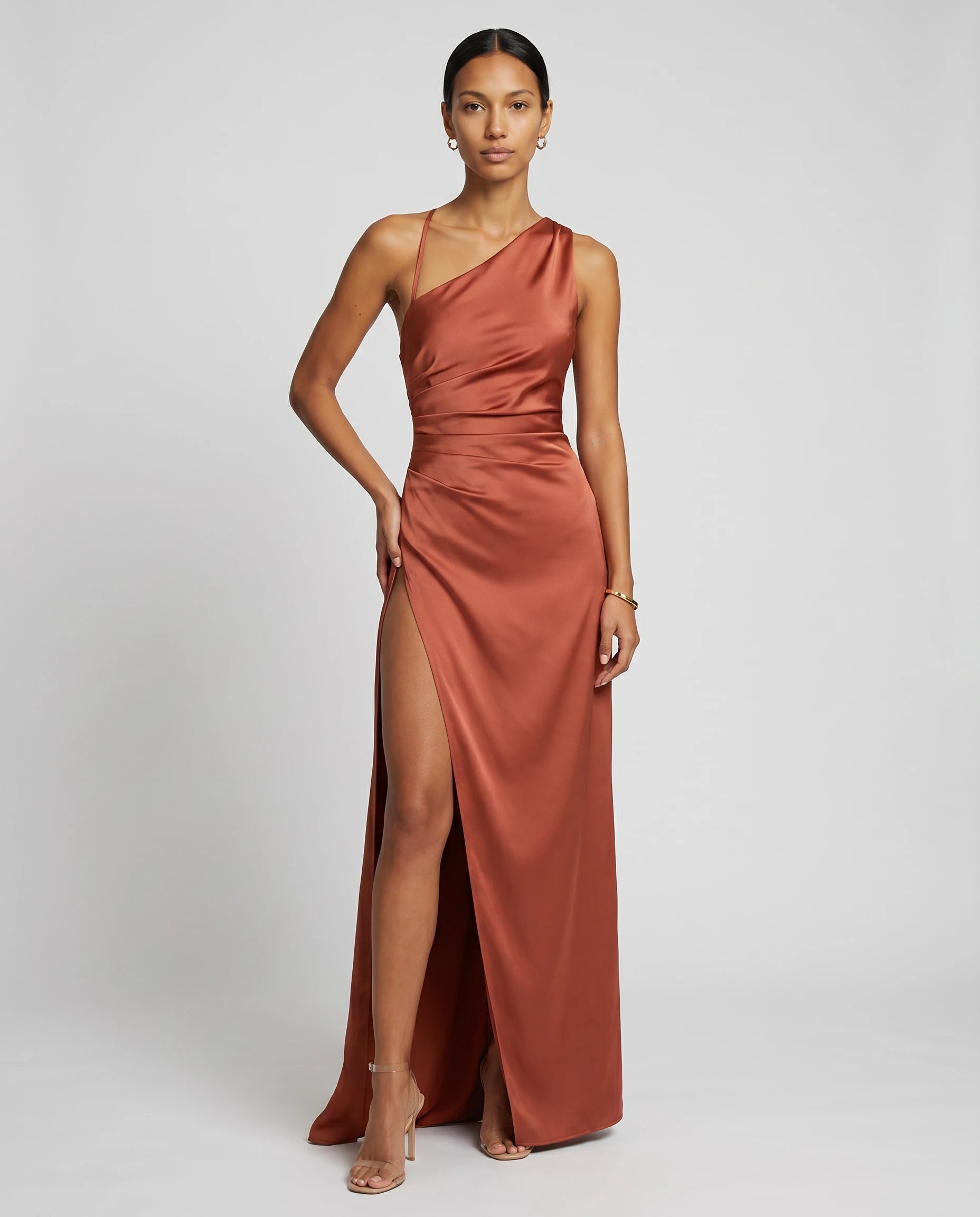 Robe longue en satin une epaule - Rouille - Ines
