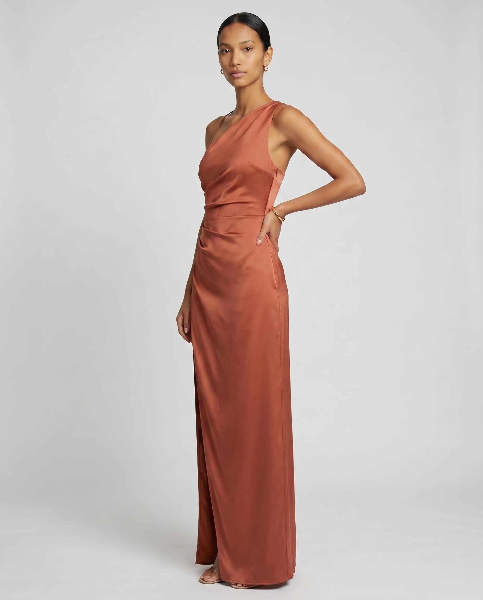 Robe longue en satin une epaule - Rouille - Ines