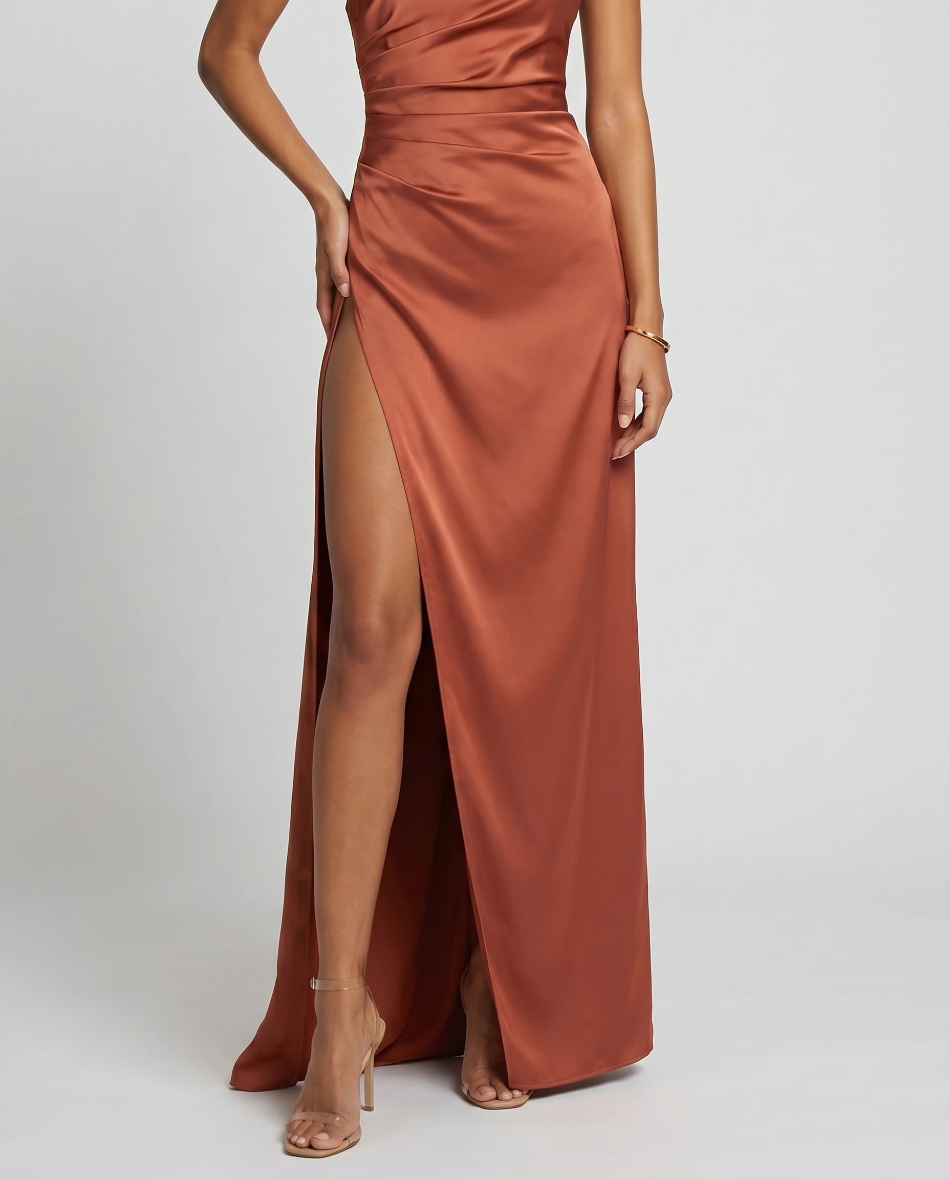 Robe longue en satin une epaule - Rouille - Ines