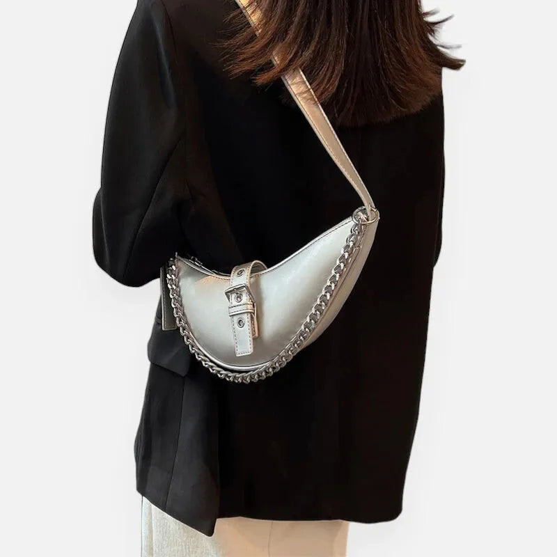 Sac à main banane demi-lune métallisé argenté Aline