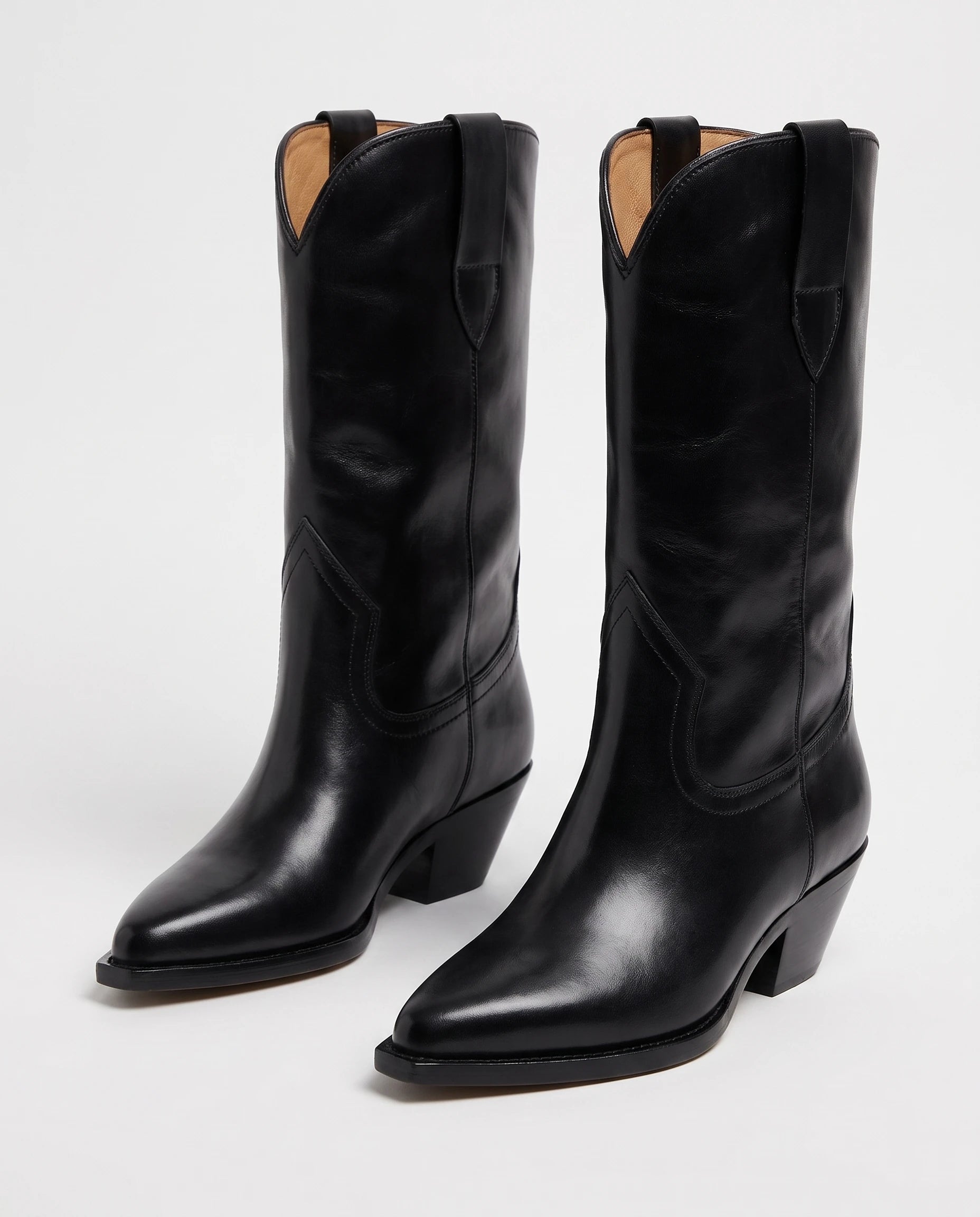 Bottes santiags mi-mollet effet cuir Maurine — Noir, paire vue de trois quarts studio