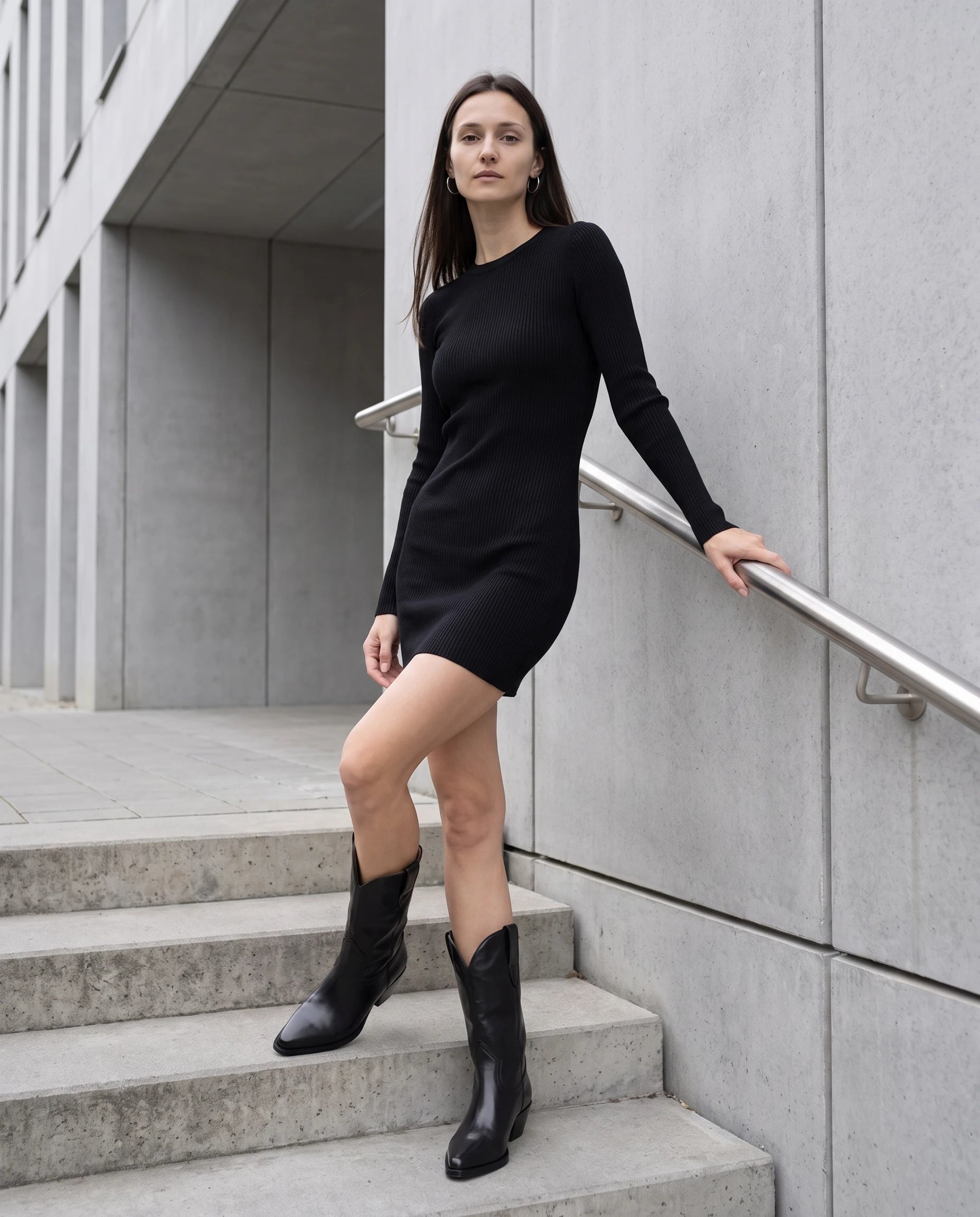 Bottes santiags mi-mollet effet cuir Maurine — Noir, portées sur un escalier de béton d'un immeuble moderne