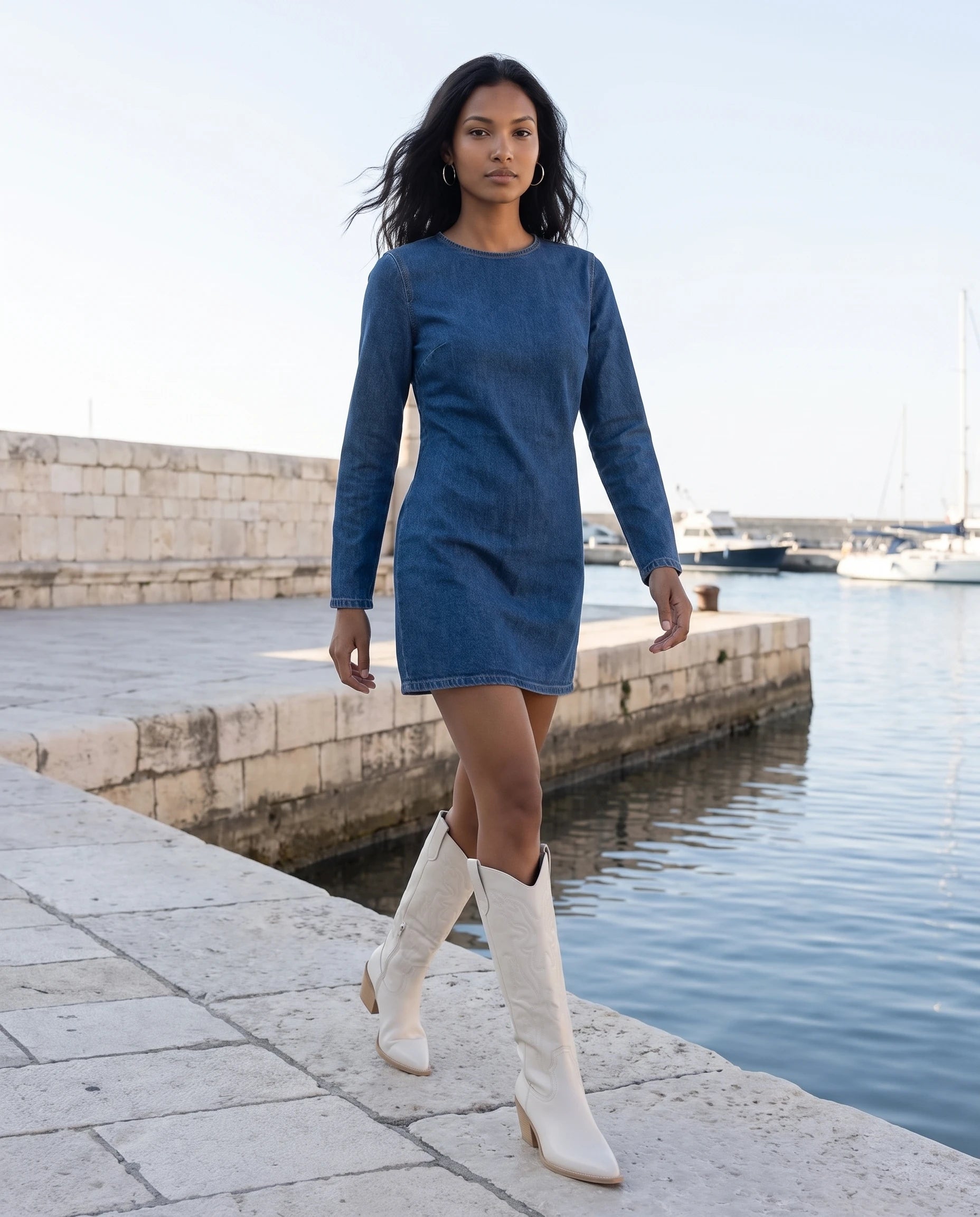 Bottes santiags hautes à talon effet cuir Anastasie — Blanc Cassé, portées sur un quai en pierre claire le matin