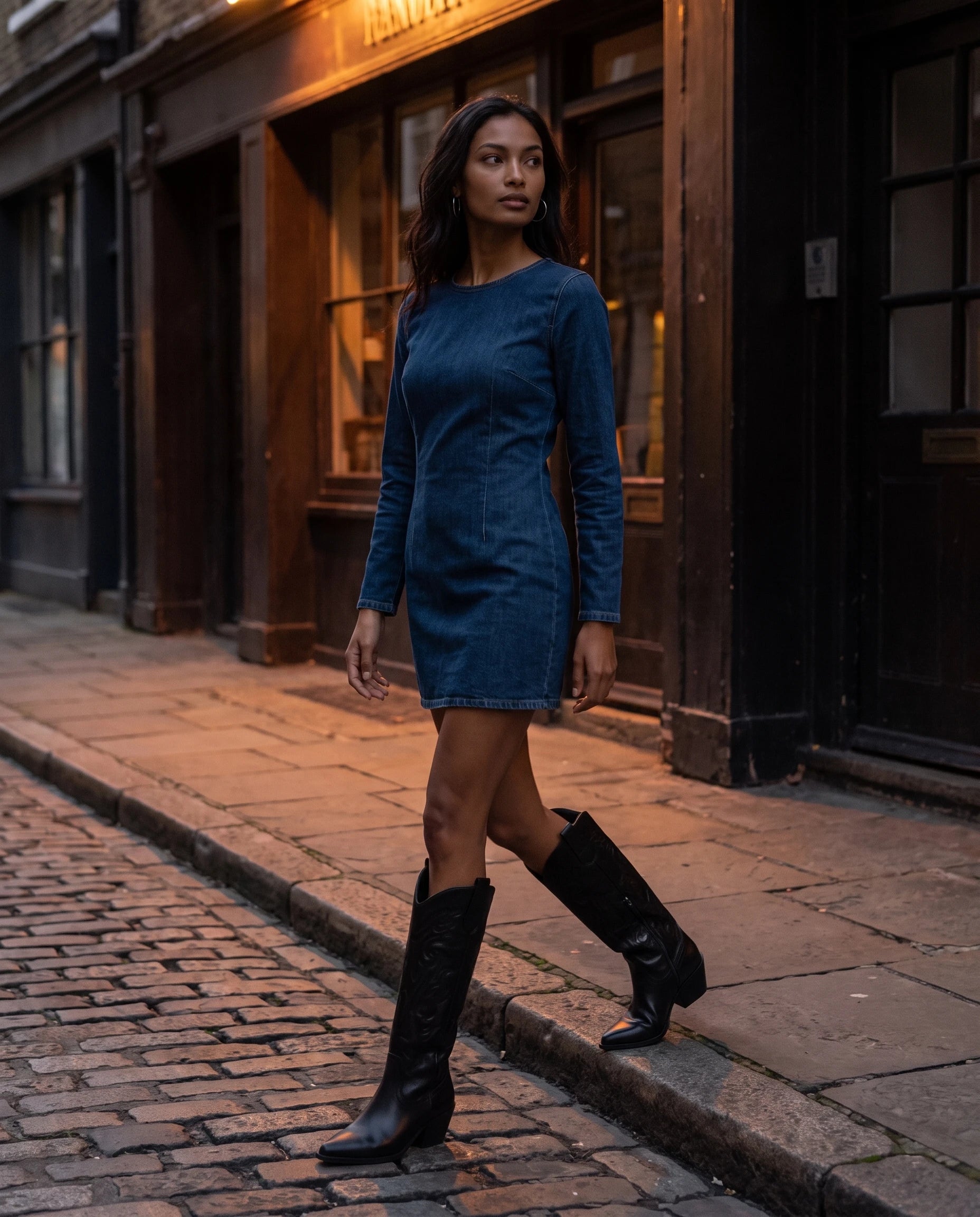 Bottes santiags hautes à talon effet cuir Anastasie — Noir, portées dans une rue pavée au crépuscule