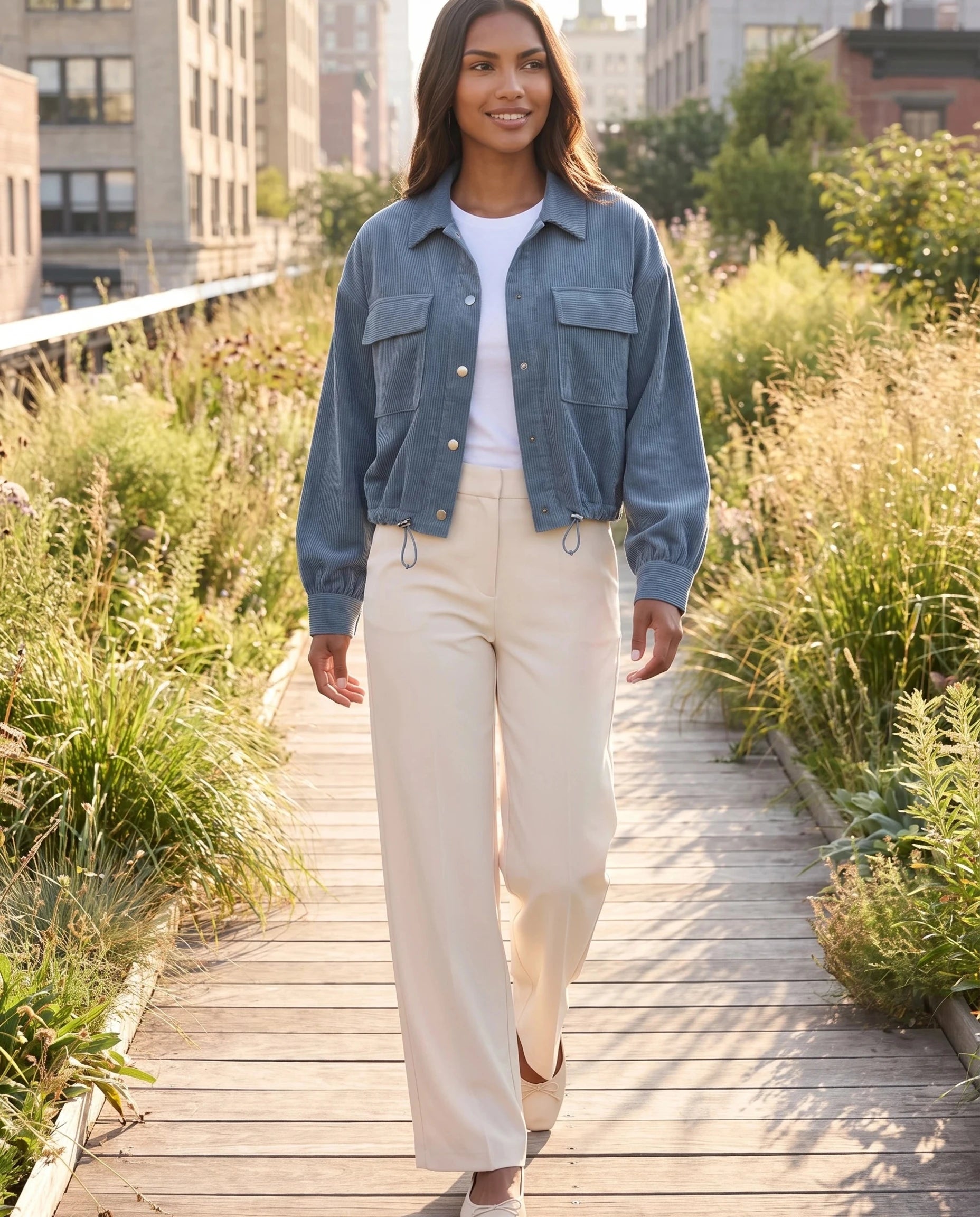 Surchemise en velours côtelé bleu denim Lucette, portée sur une promenade plantée