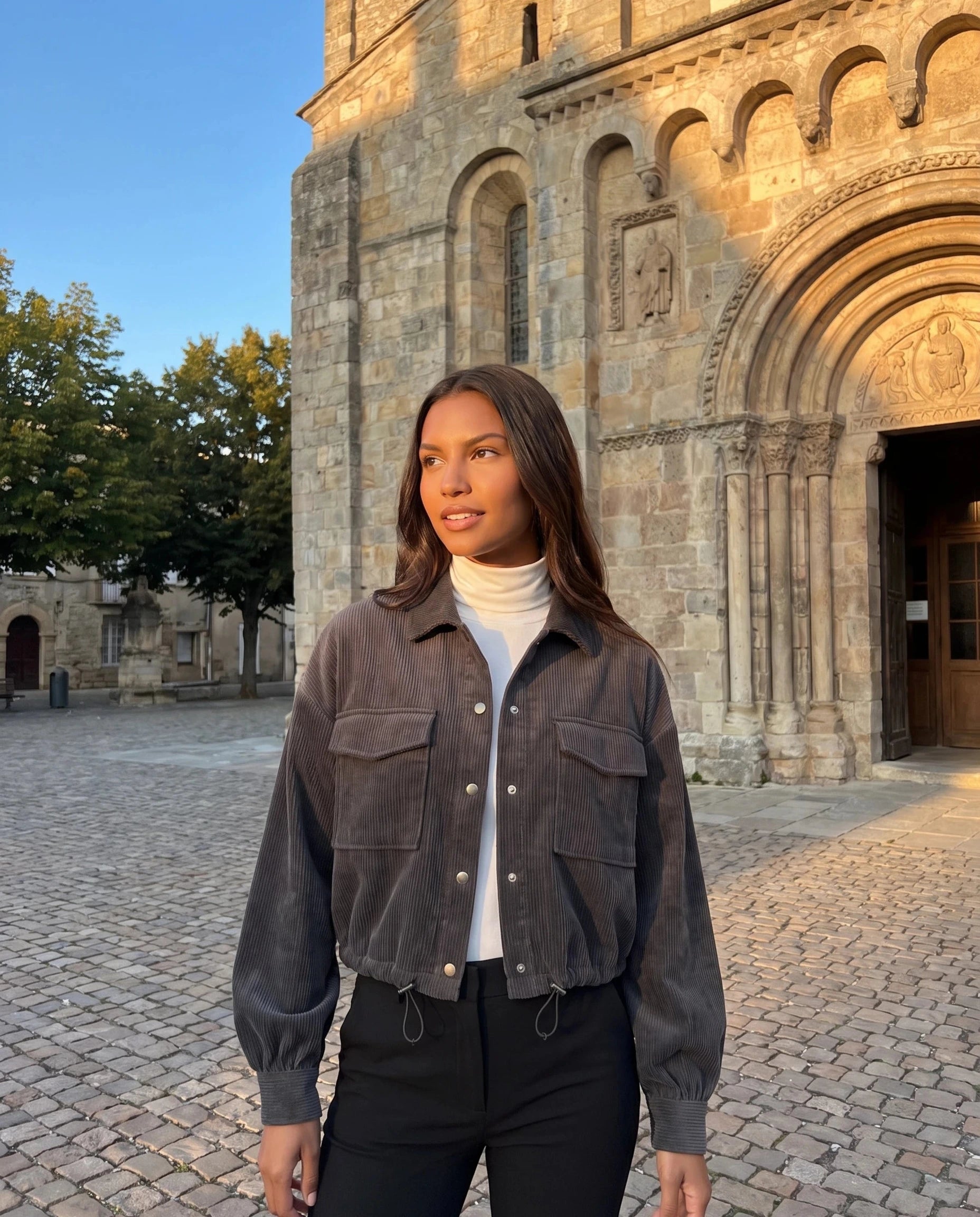 Surchemise en velours côtelé gris anthracite Lucette, portée sur un parvis d'église romane