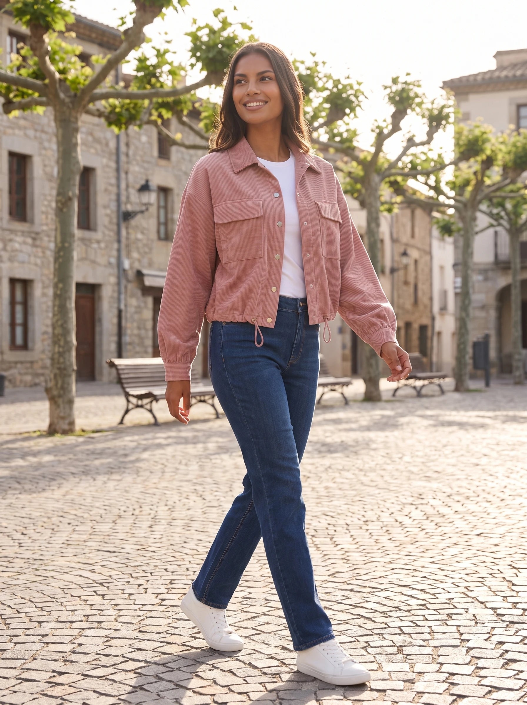 Surchemise en velours côtelé vieux rose Lucette, portée sur une place aux platanes taillés