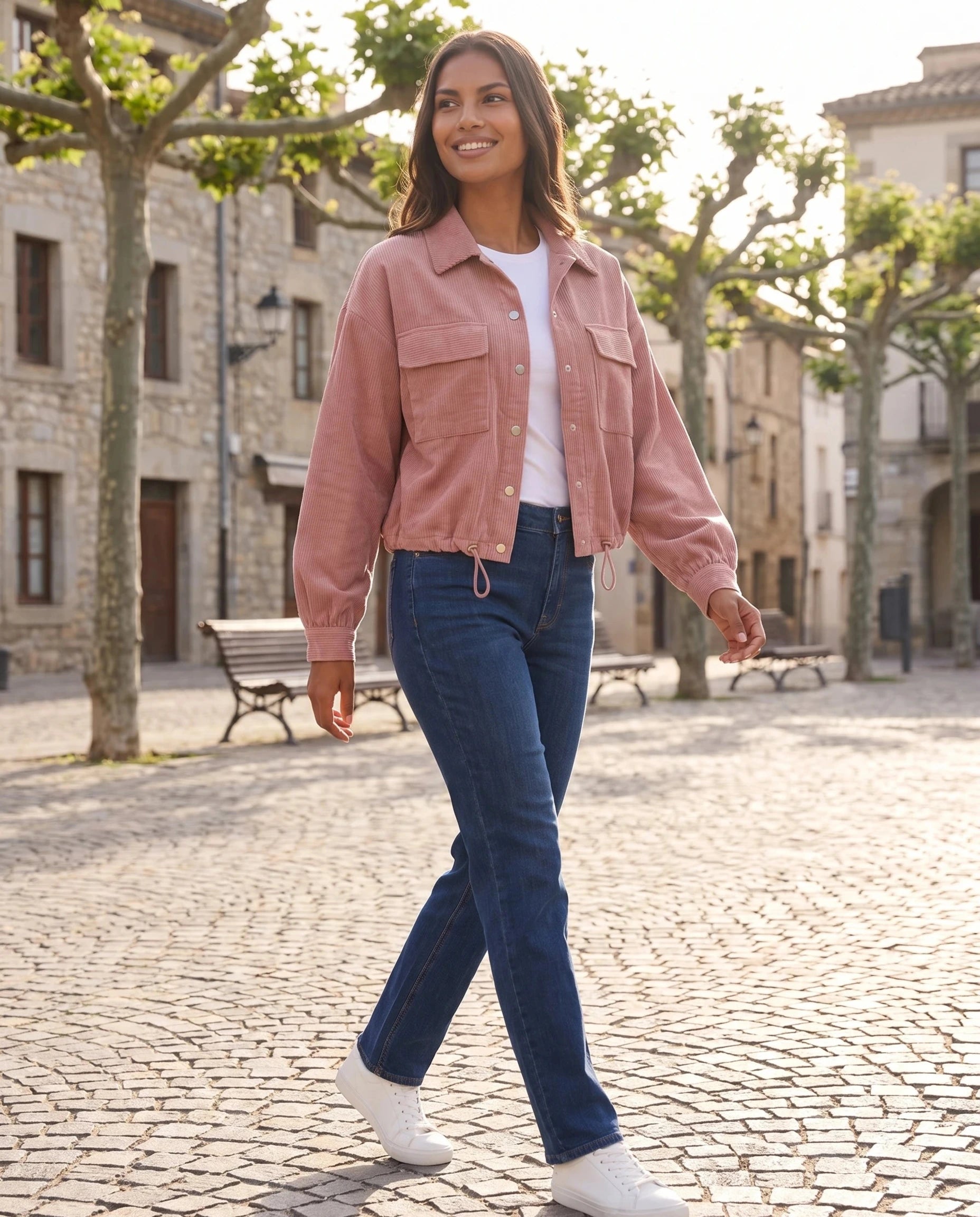 Surchemise en velours côtelé vieux rose Lucette, portée sur une place aux platanes taillés