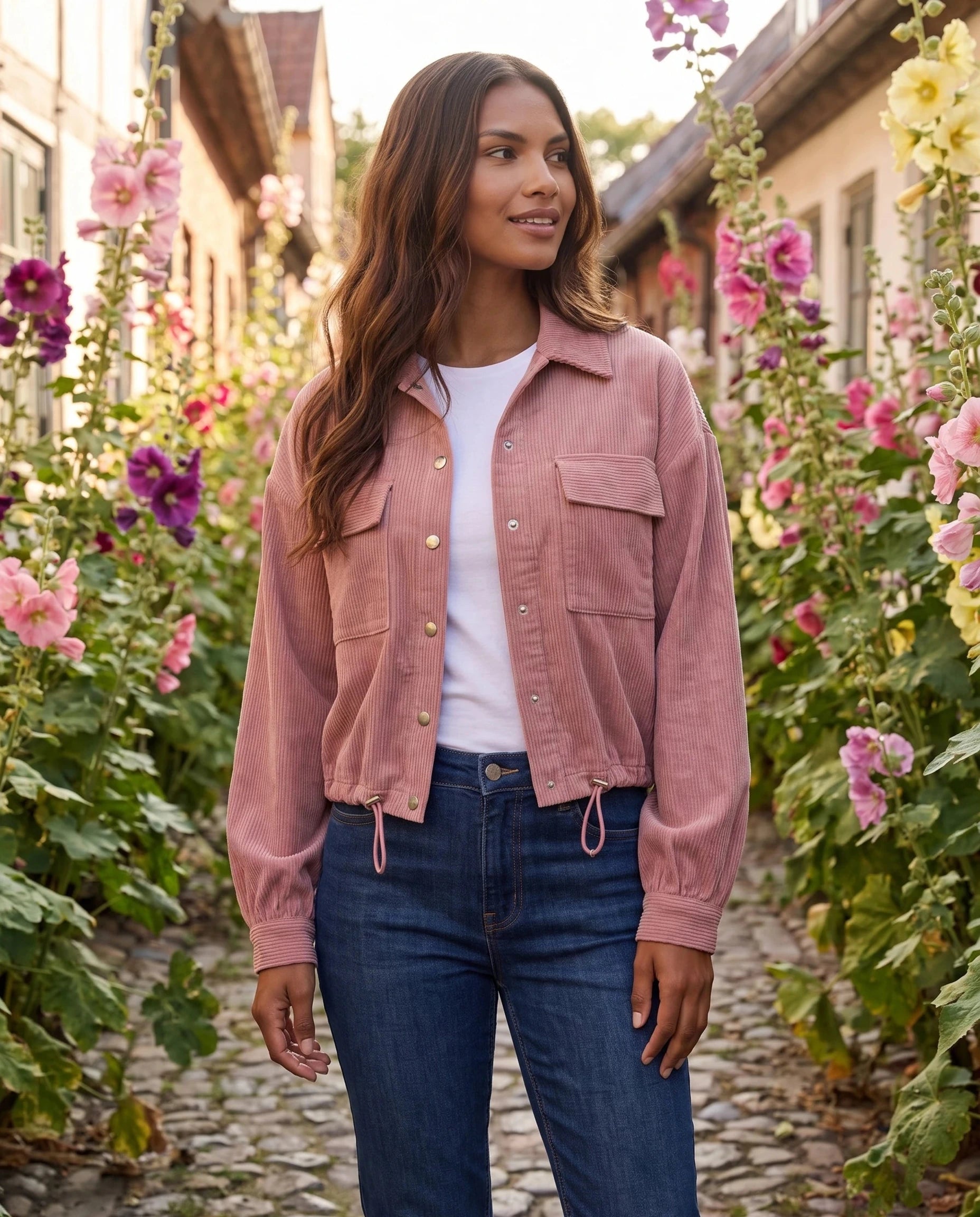 Surchemise en velours côtelé vieux rose Lucette, portée dans une venelle aux roses trémières
