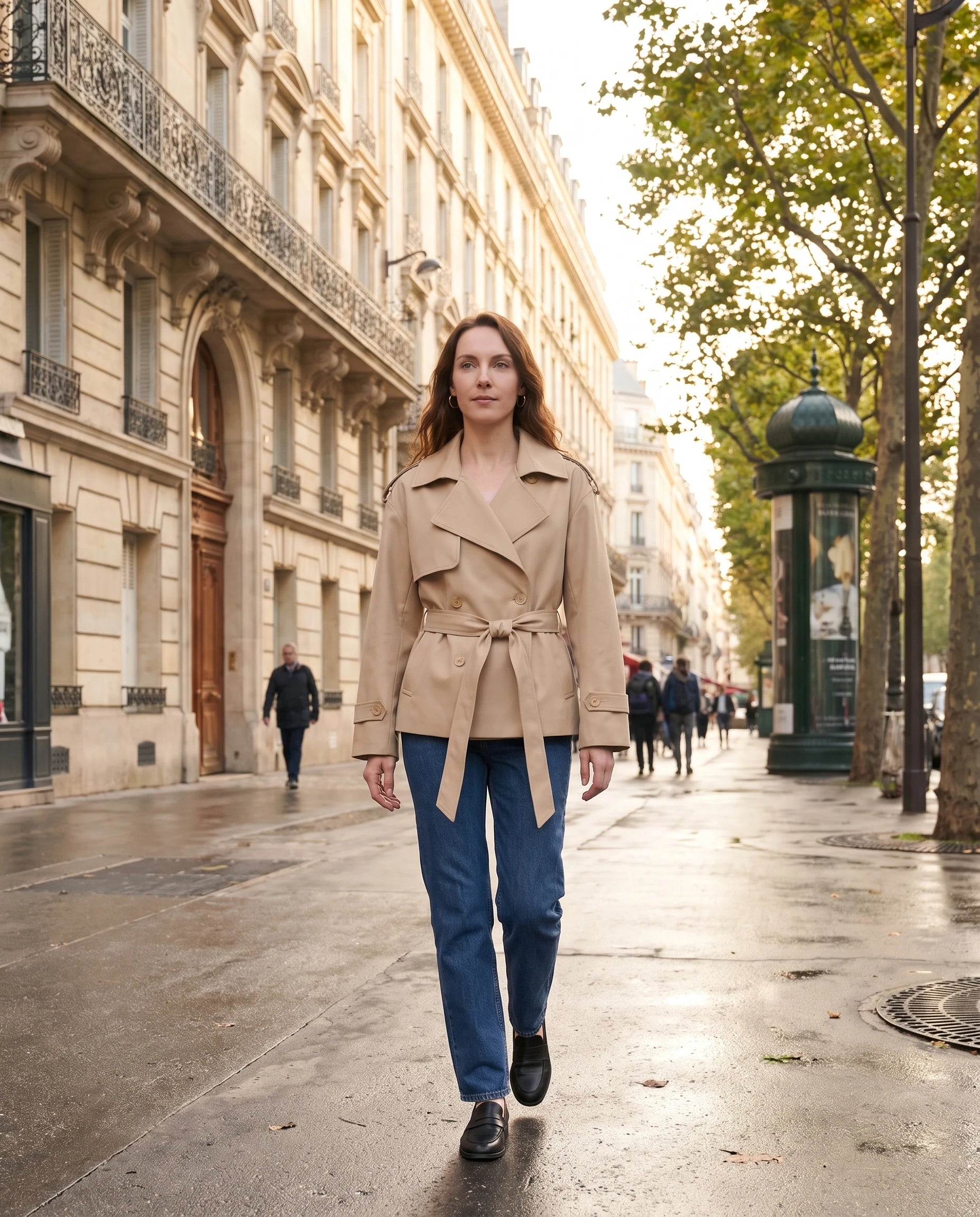 Trench court ceinturé Jehanne — portée en extérieur — coloris Beige