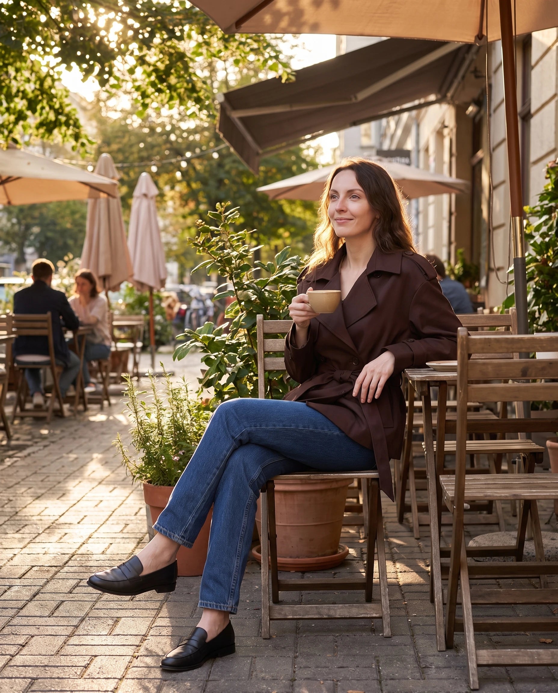 Trench court ceinturé Jehanne — portée en extérieur — coloris Chocolat