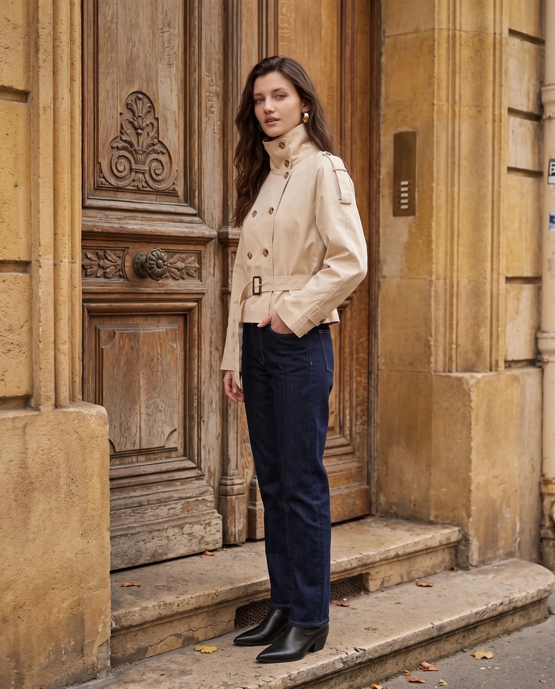 Trench court beige Louison, porté devant une porte haussmannienne