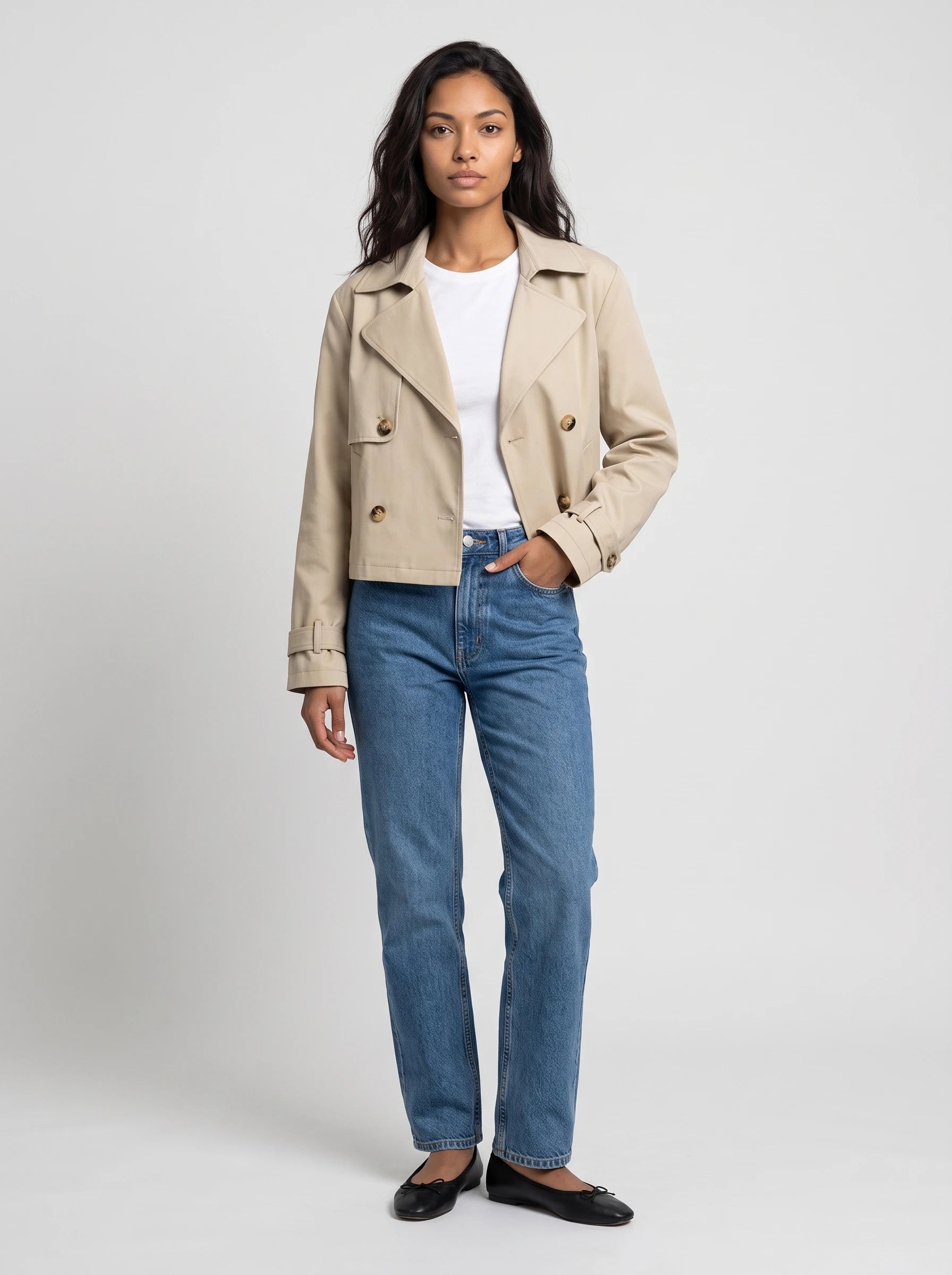 Trench court croisé beige Fernande, vue de face en studio