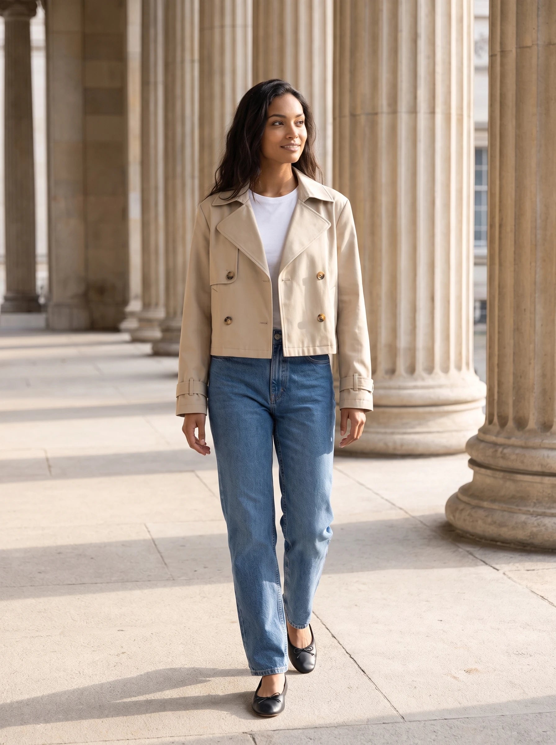 Trench court croisé beige Fernande, porté sur une esplanade à colonnades