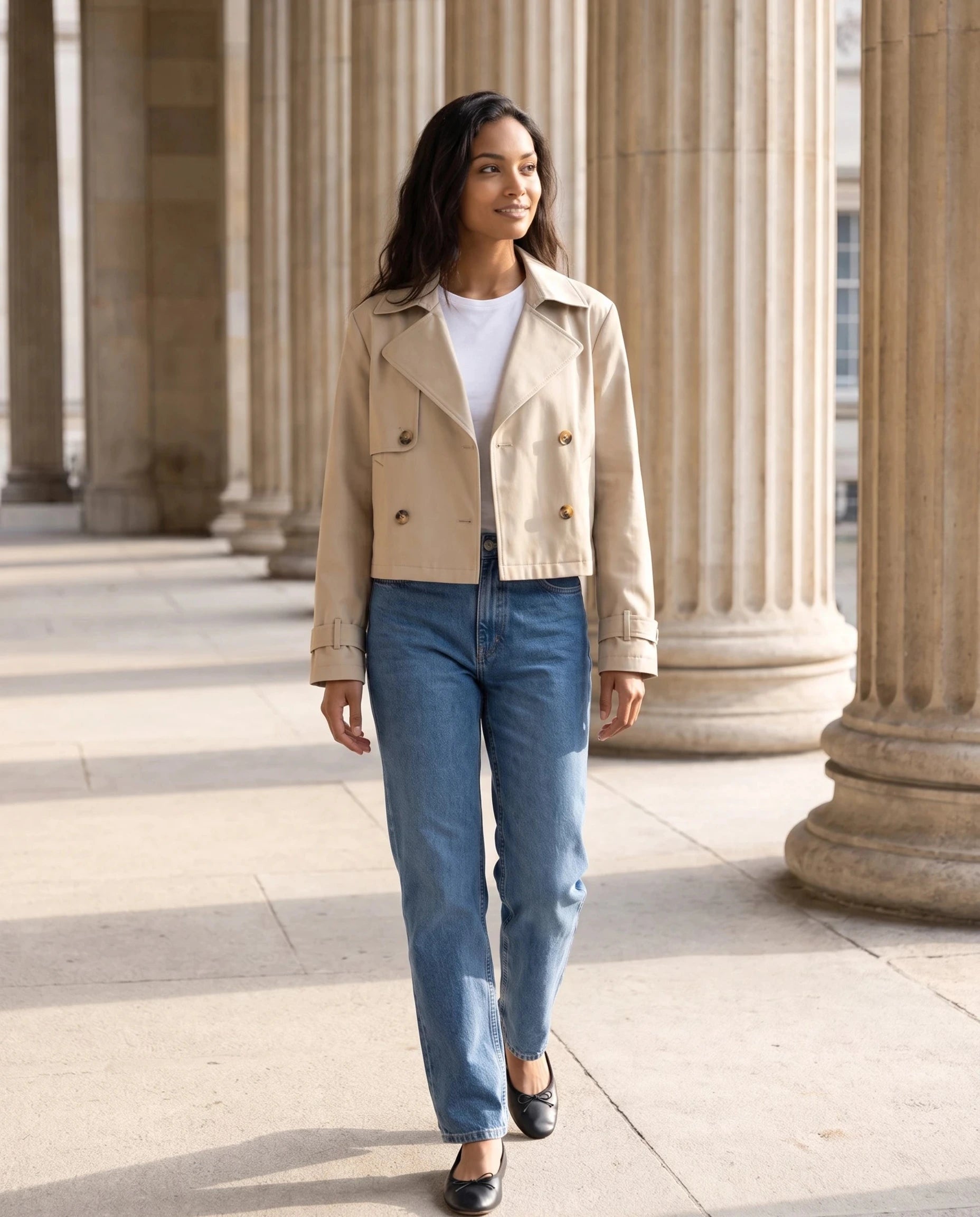 Trench court croisé beige Fernande, porté sur une esplanade à colonnades