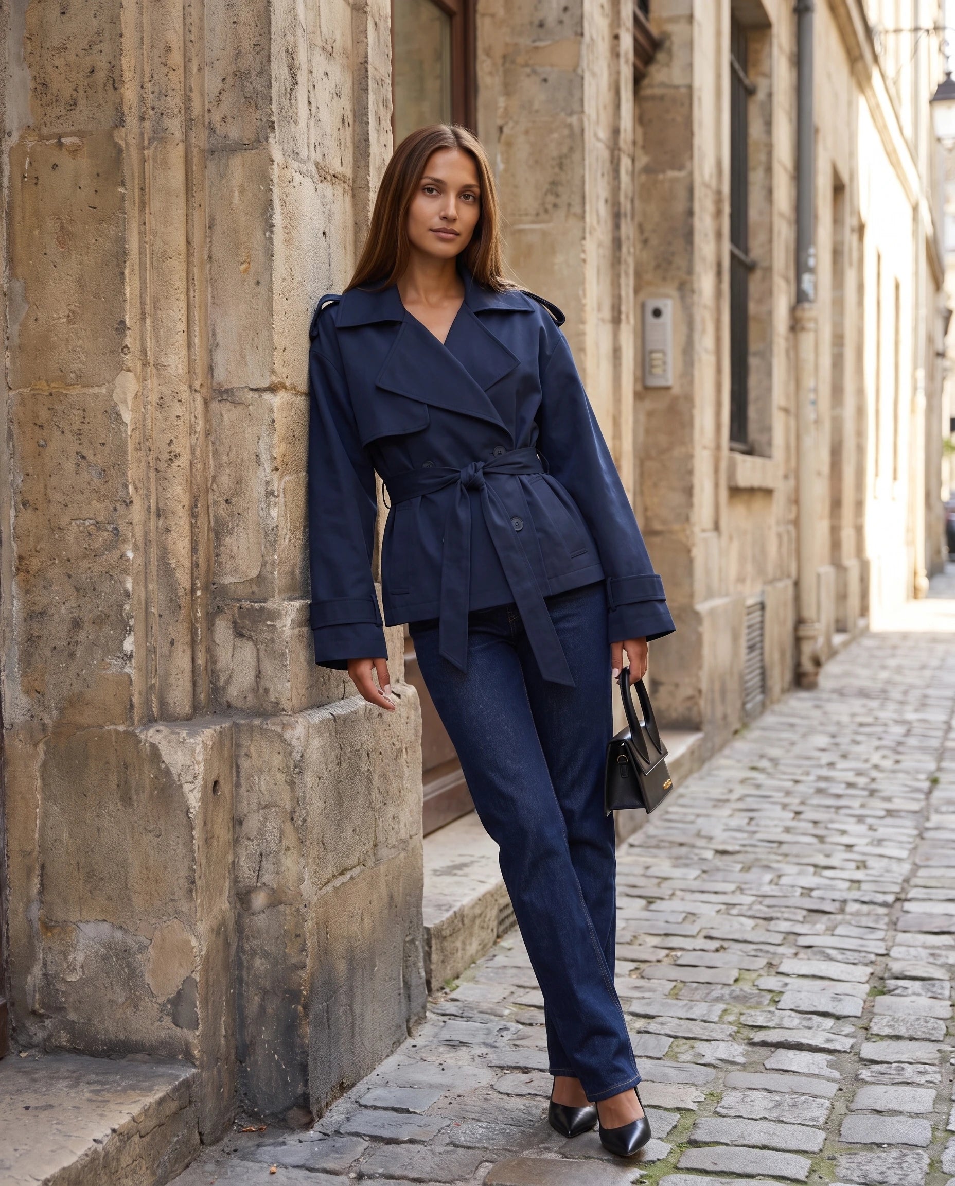 Trench court oversize bleu marine Bettina, adossée à une façade en pierre