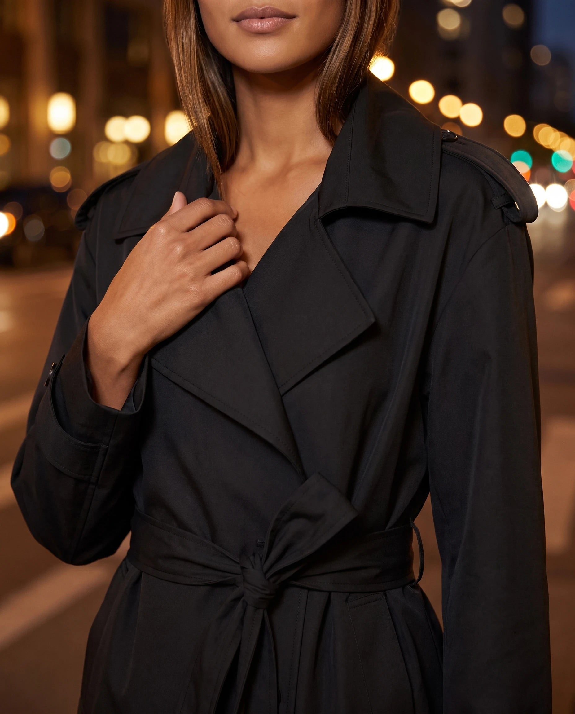 Trench court oversize noir Bettina, détail des revers et de la ceinture en soirée
