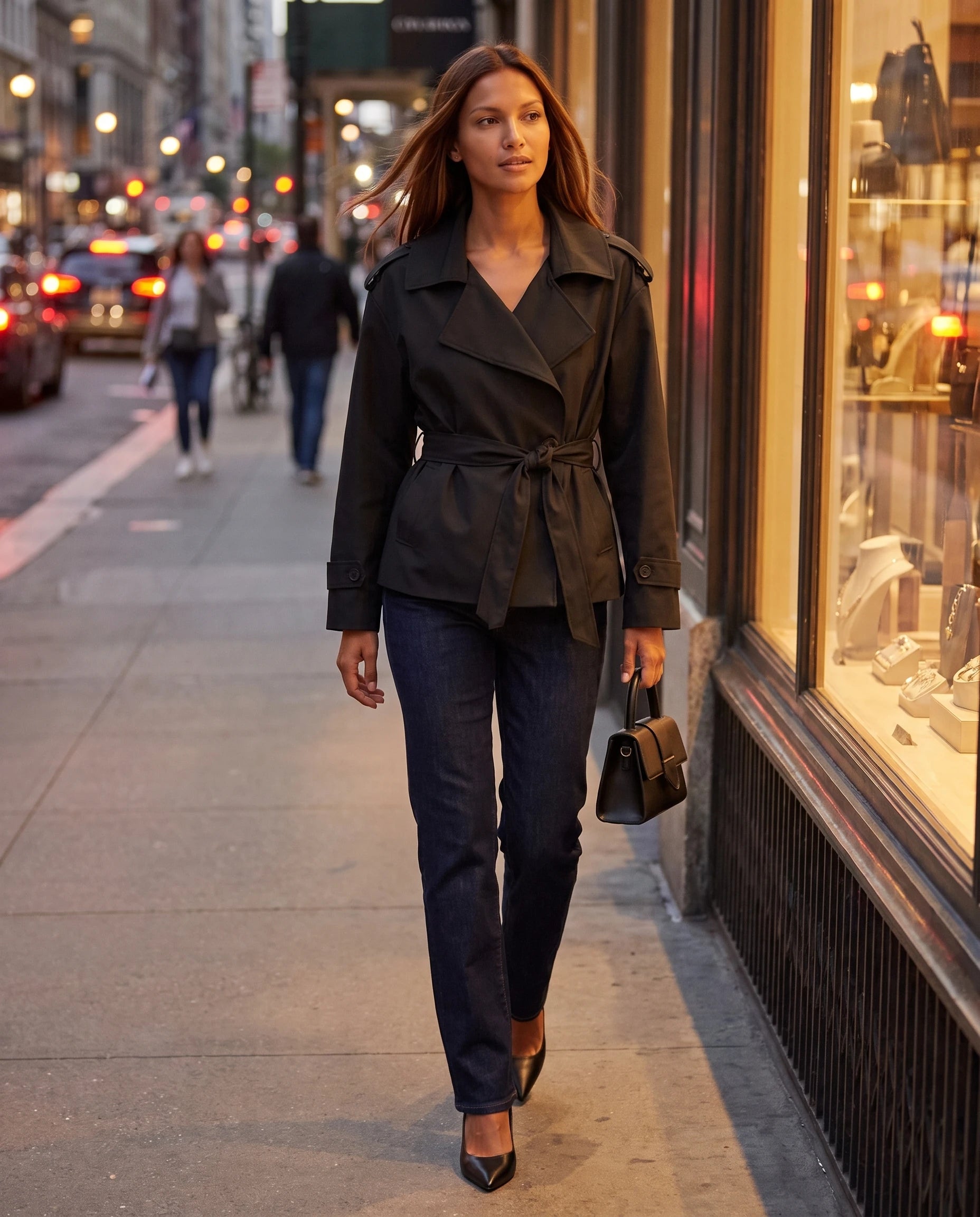 Trench court oversize noir Bettina, devant des vitrines illuminées le soir