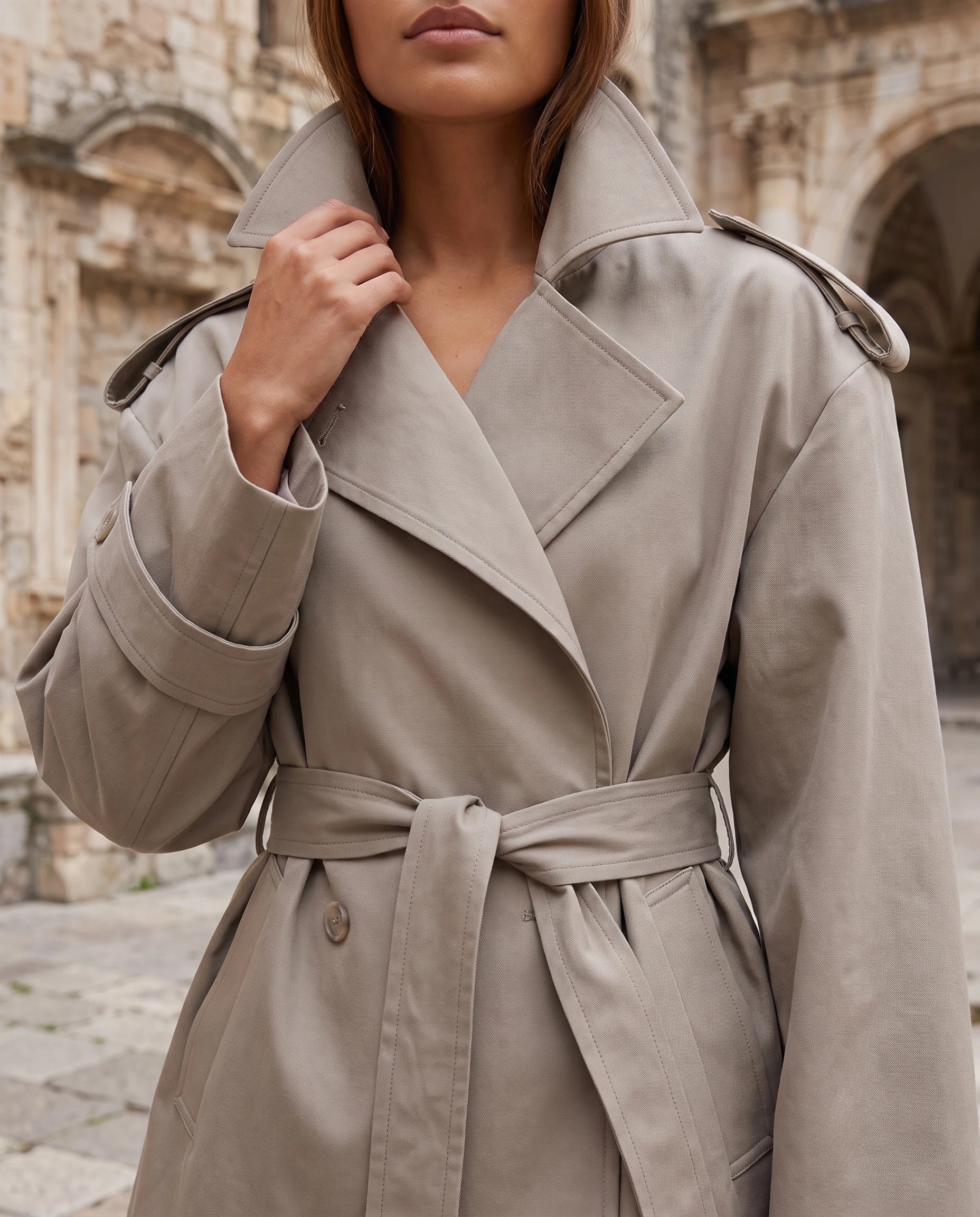 Trench court oversize taupe Bettina, détail du col relevé et des revers