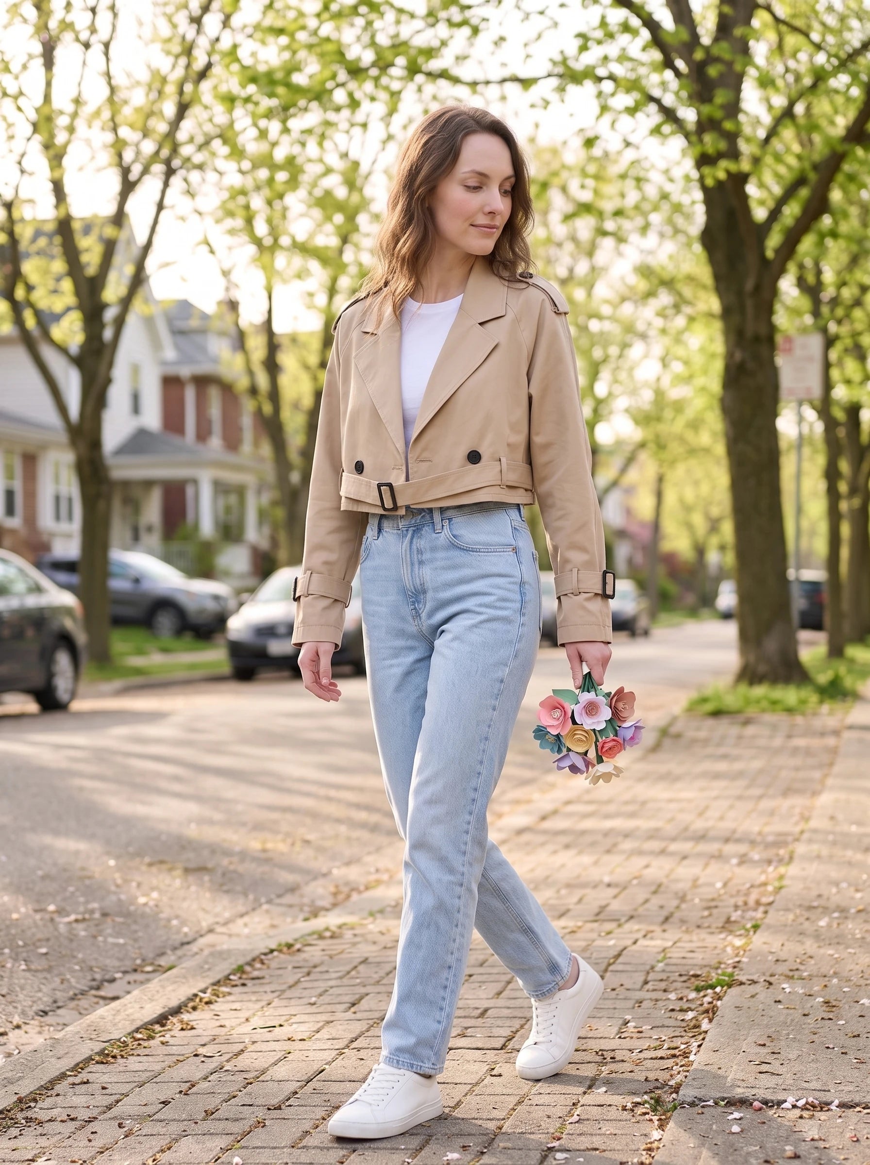 Trench cropped beige Berthille, porté dans une rue arborée au printemps