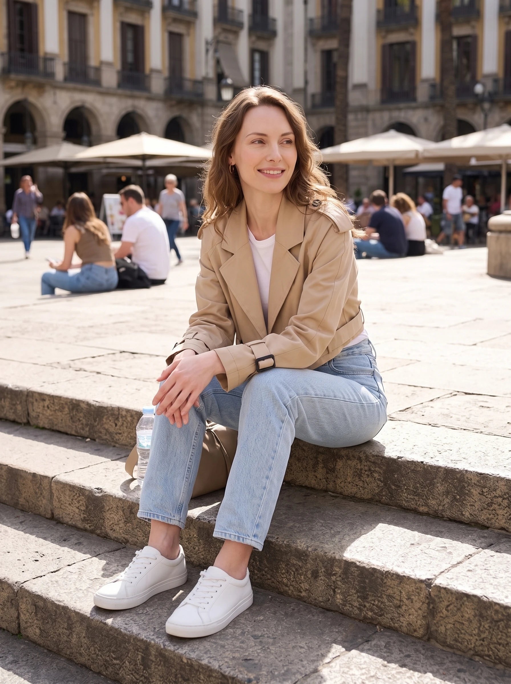 Trench cropped beige Berthille, porté assis sur les marches d'une place ensoleillée