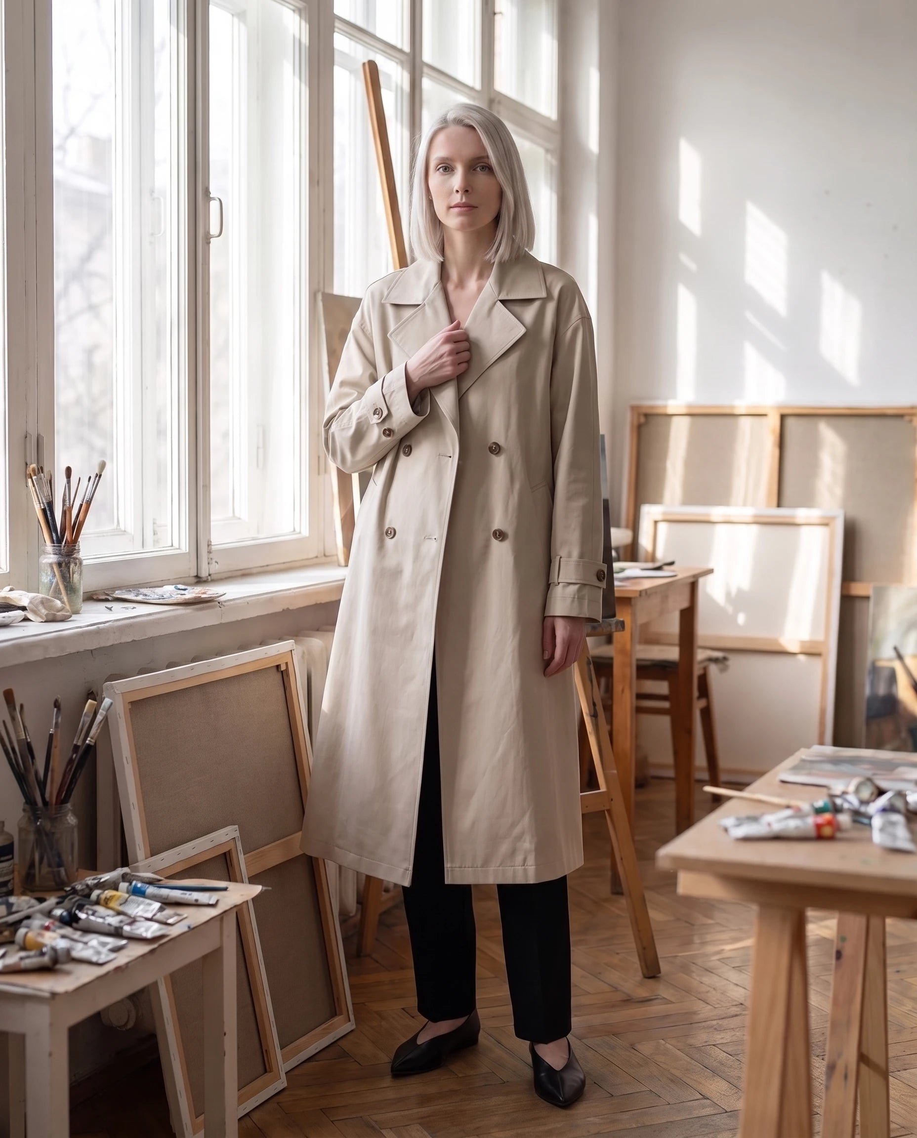 Trench long ample beige Angèle, porté dans un atelier d'artiste lumineux