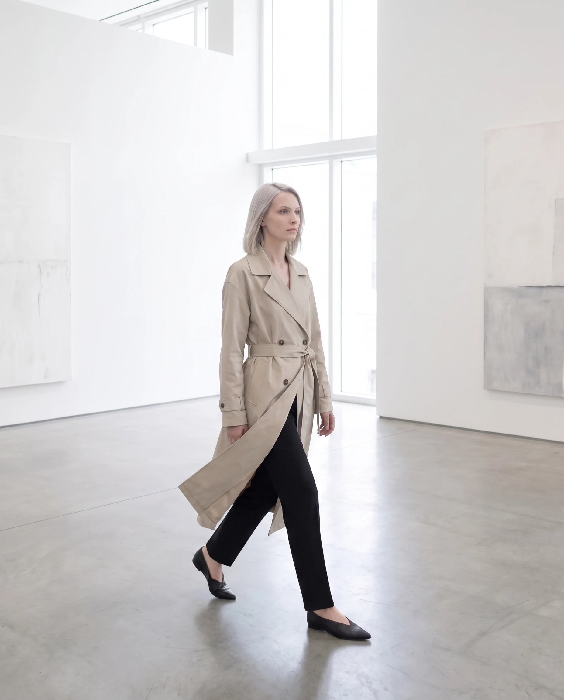 Trench long ample beige Angèle, en marche dans une galerie épurée