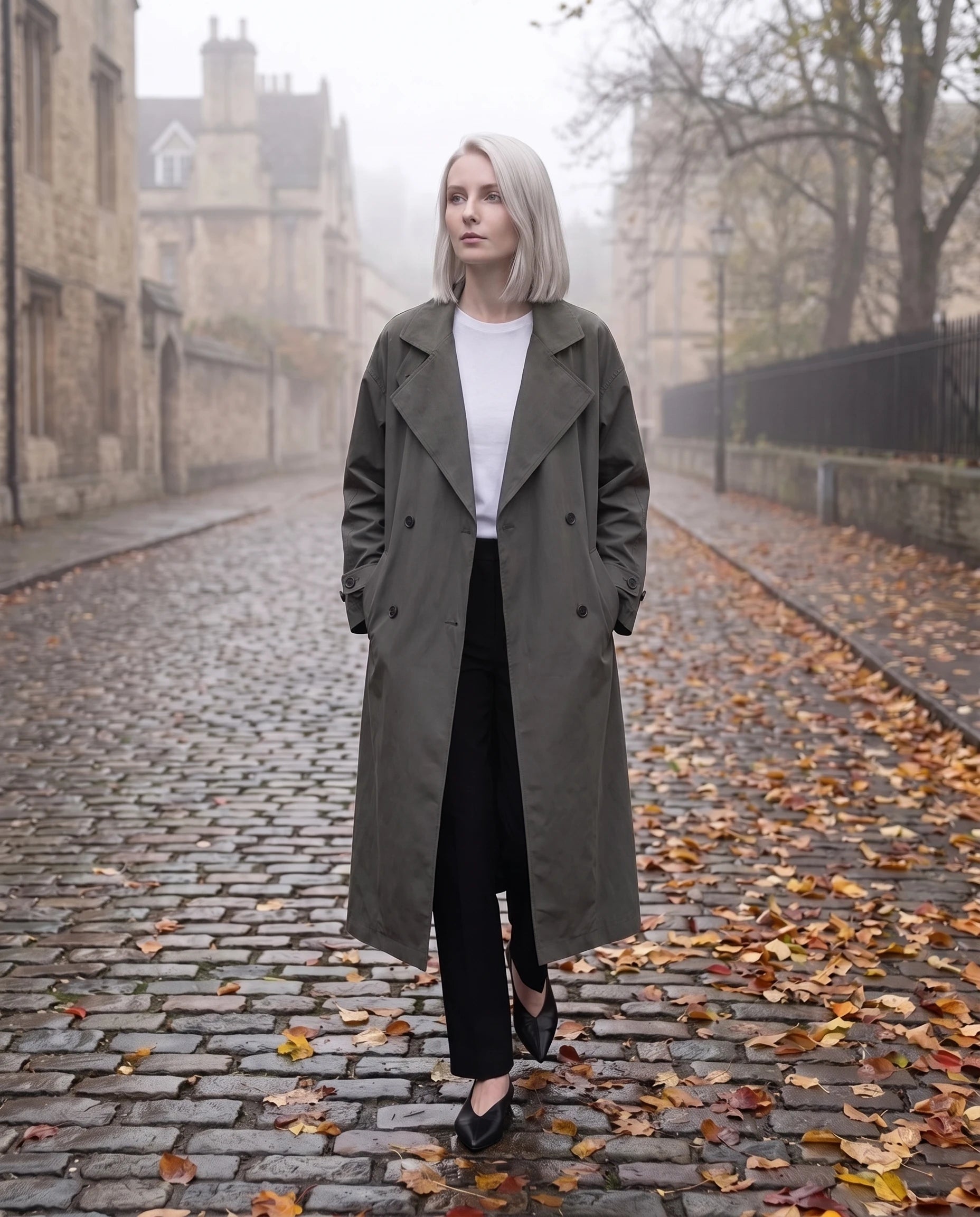Trench long ample gris vert Angèle, rue pavée d'automne dans la brume