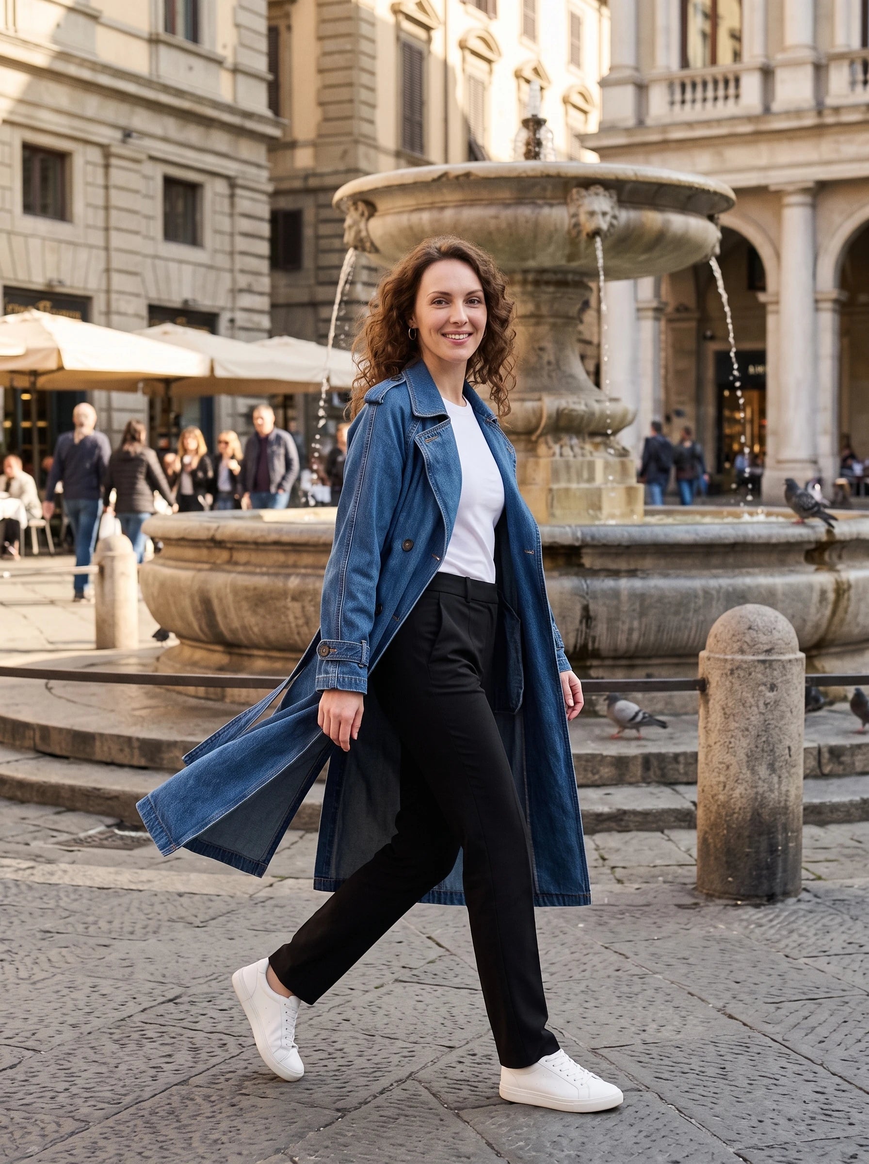 Trench en jean bleu denim Noélie, porté sur une place à fontaine