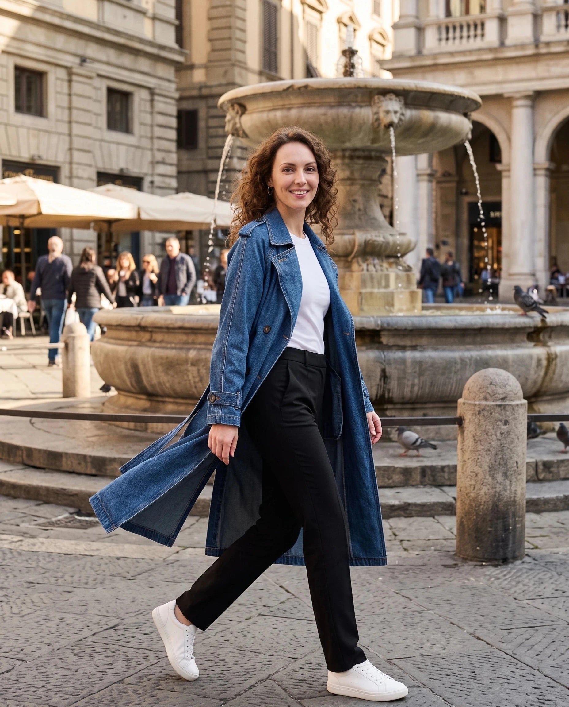 Trench en jean bleu denim Noélie, porté sur une place à fontaine