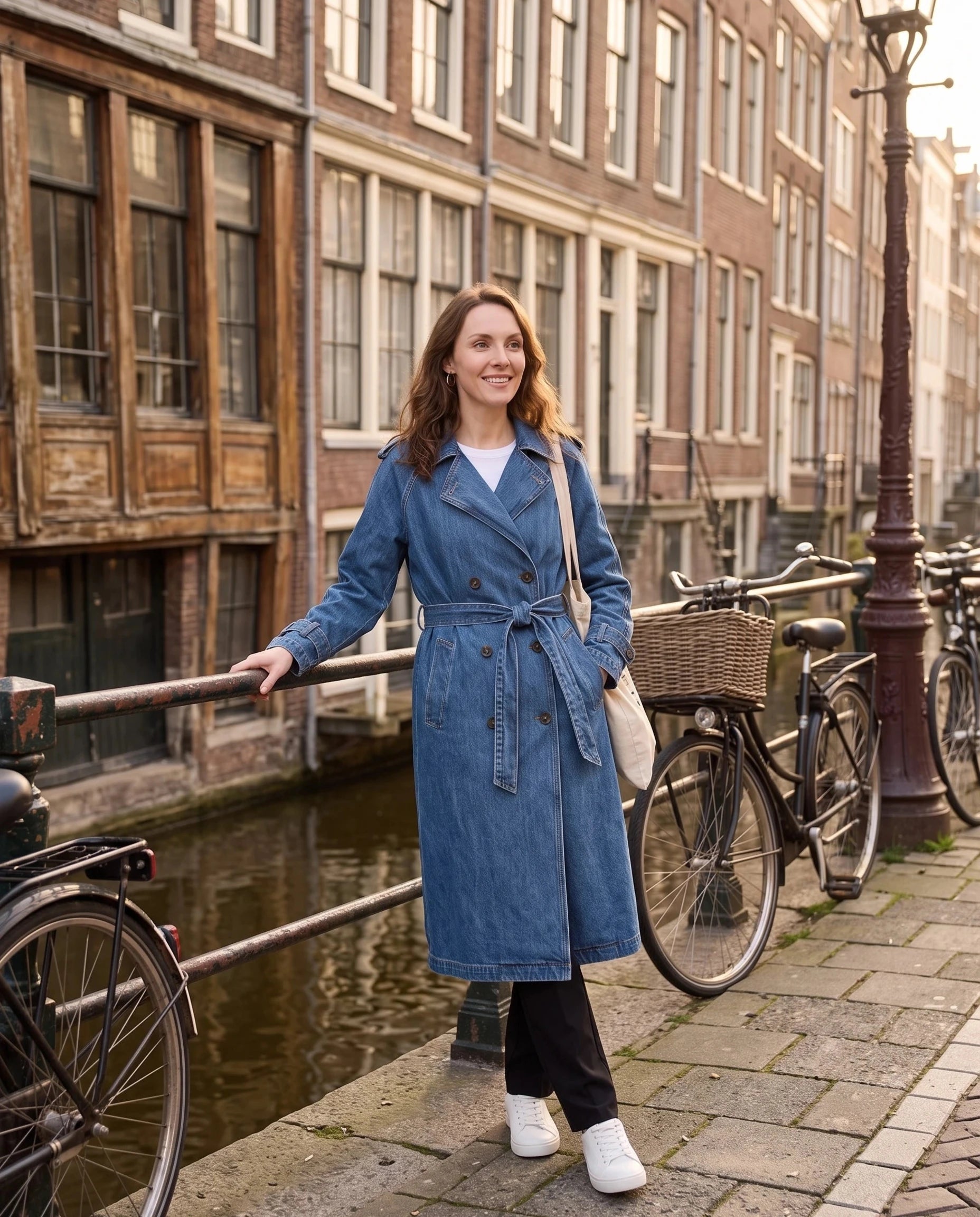 Trench en jean bleu denim Noélie, porté le long d'un canal