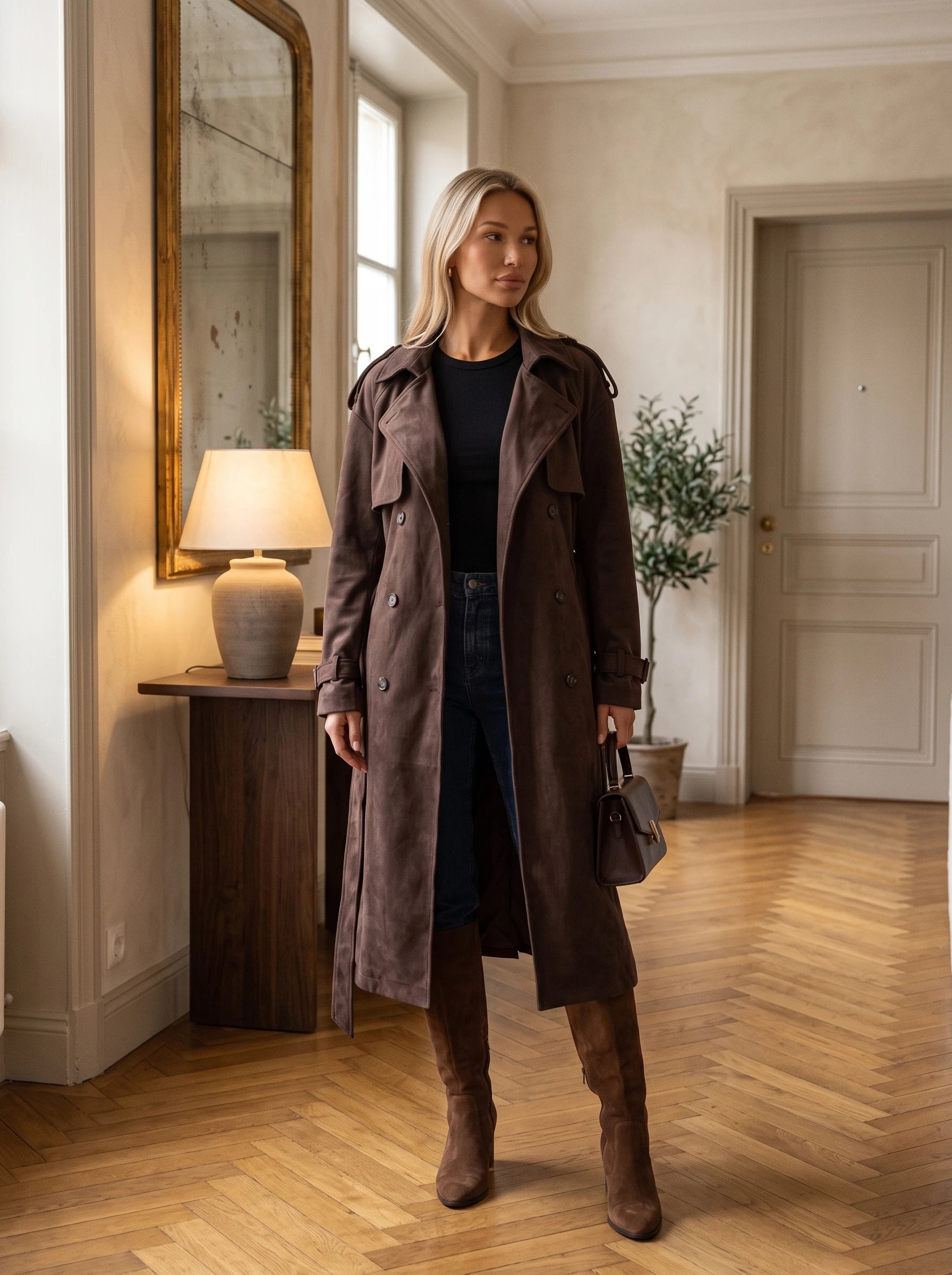 Trench long en suédine marron Odile, porté dans un hall au parquet chevron