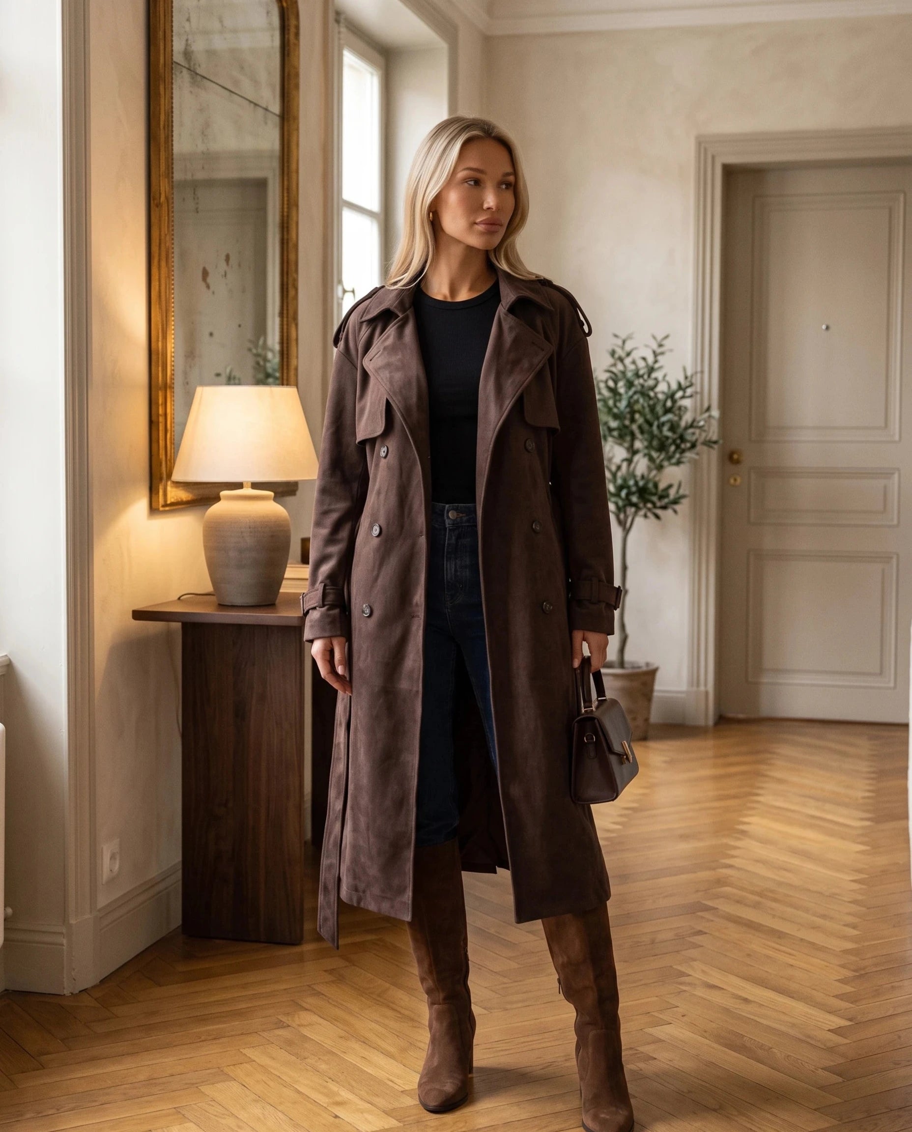 Trench long en suédine marron Odile, porté dans un hall au parquet chevron