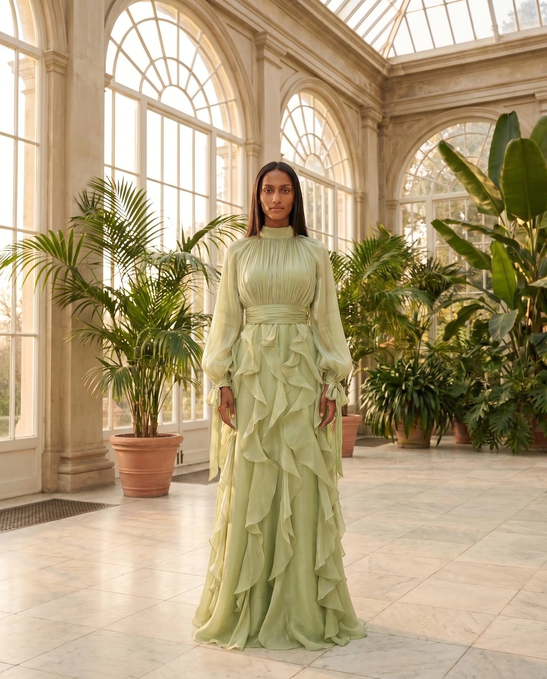 Robe de soiree longue a volants vert sauge orangerie verriere