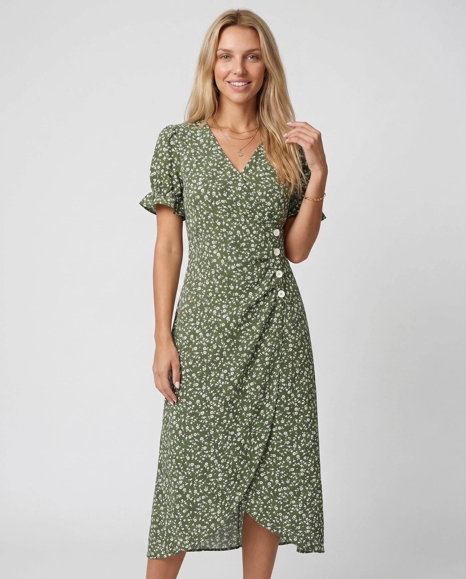 Robe portefeuille fleurie Vert Olive Zolena
