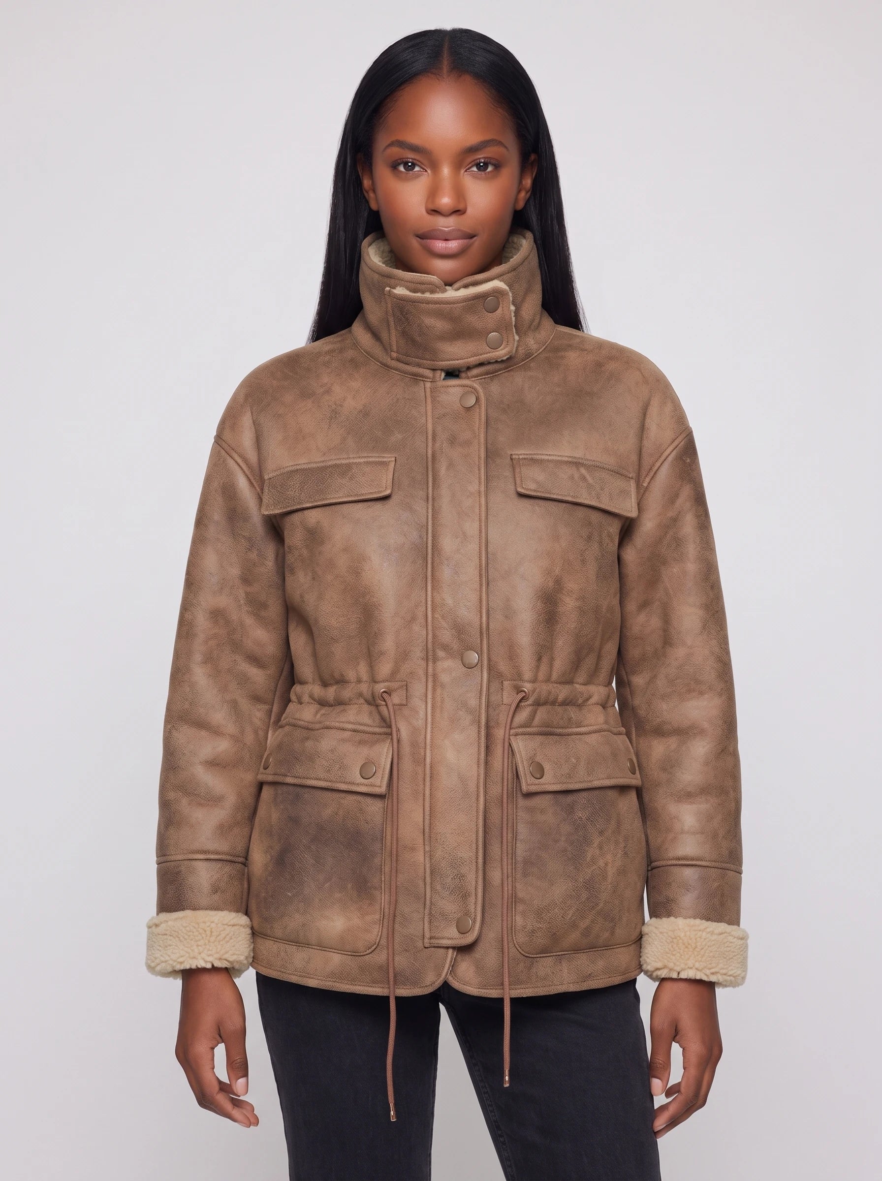 Veste aviateur réversible en sherpa caramel vieilli Christiane, plan rapproché en studio